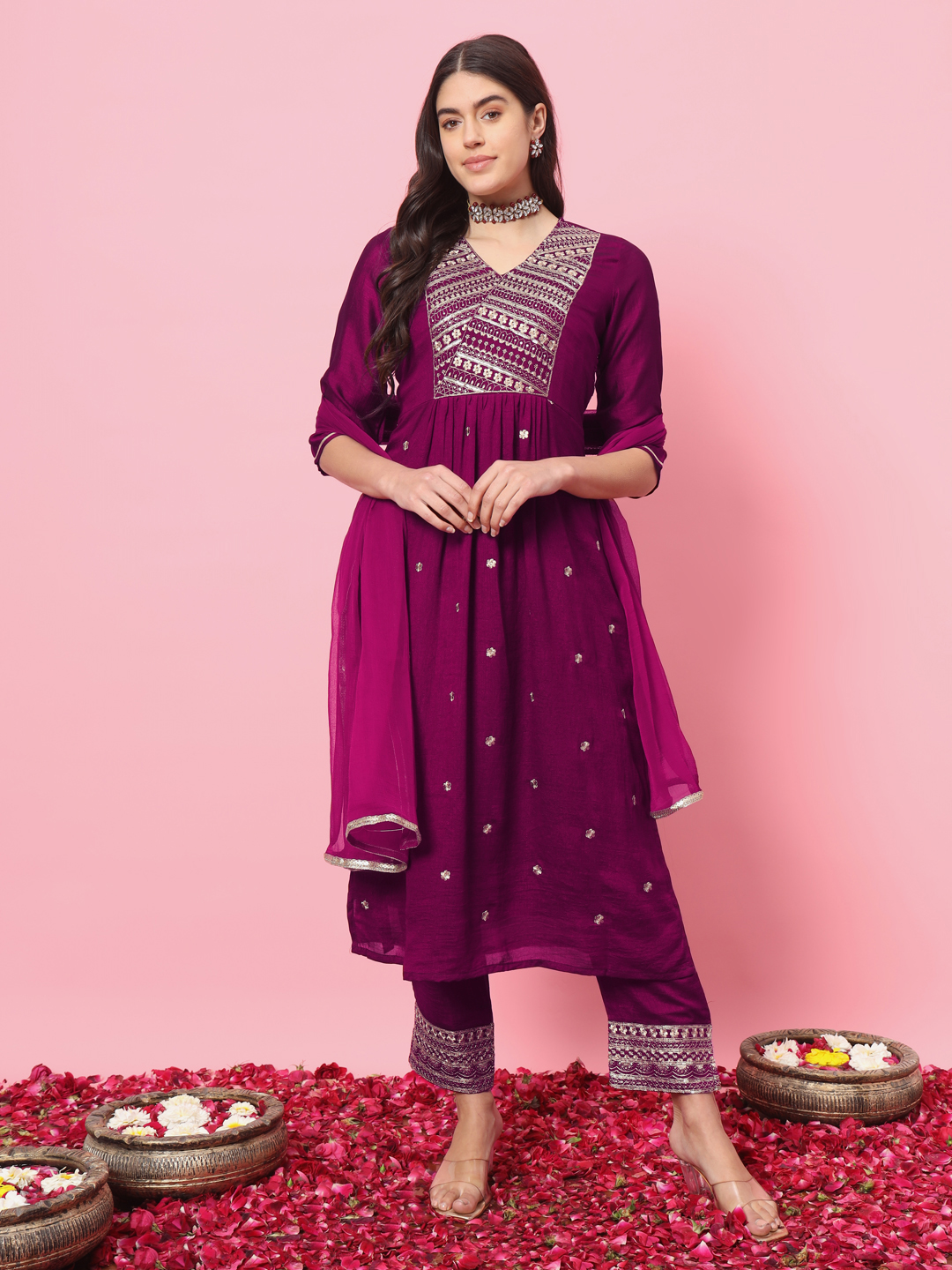Wine Embroidered Silk Blend Readymade Suit