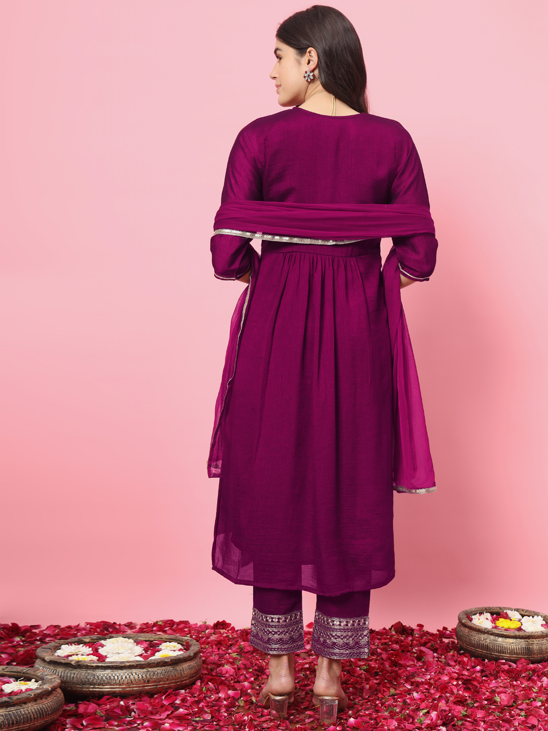 Wine Embroidered Silk Blend Readymade Suit — alternate view