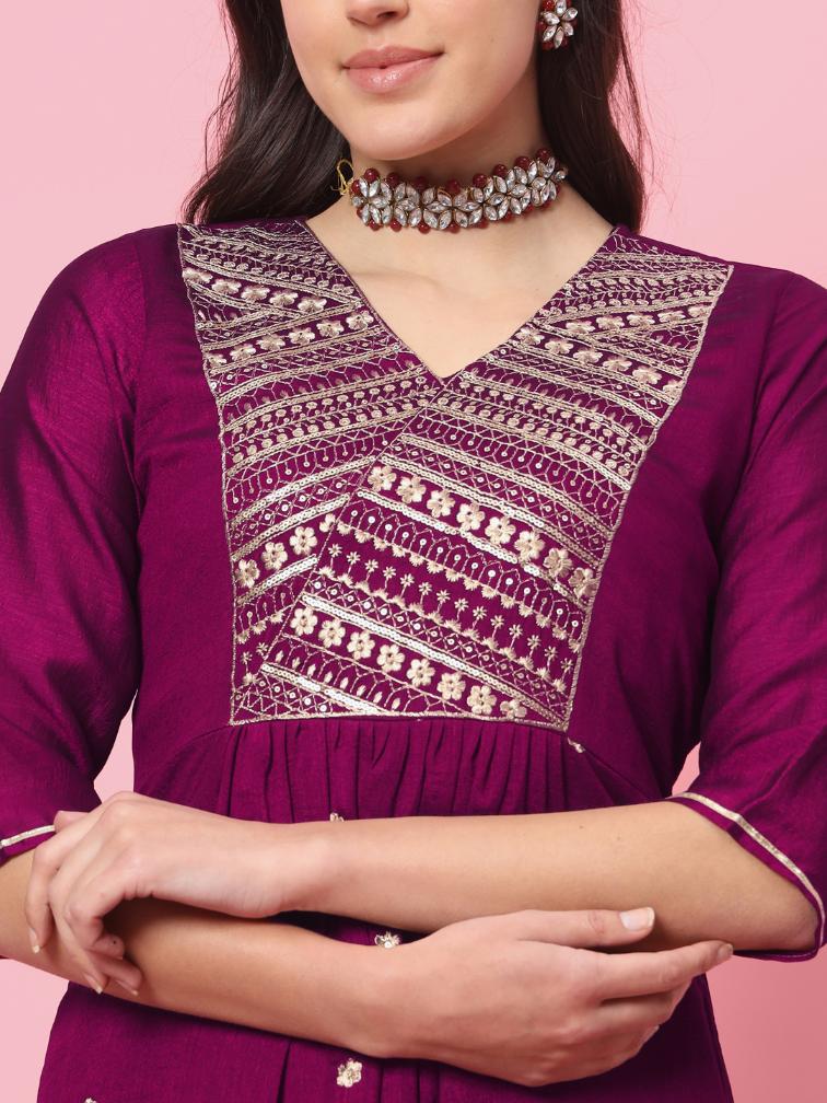 Wine Embroidered Silk Blend Readymade Suit