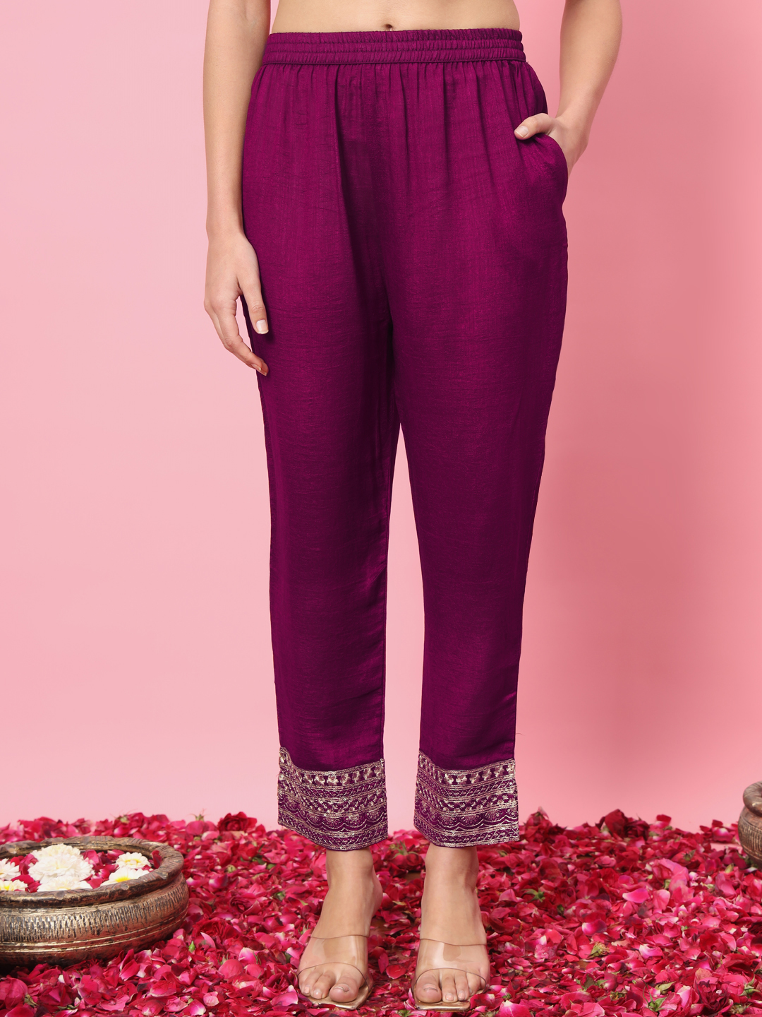 Wine Embroidered Silk Blend Readymade Suit