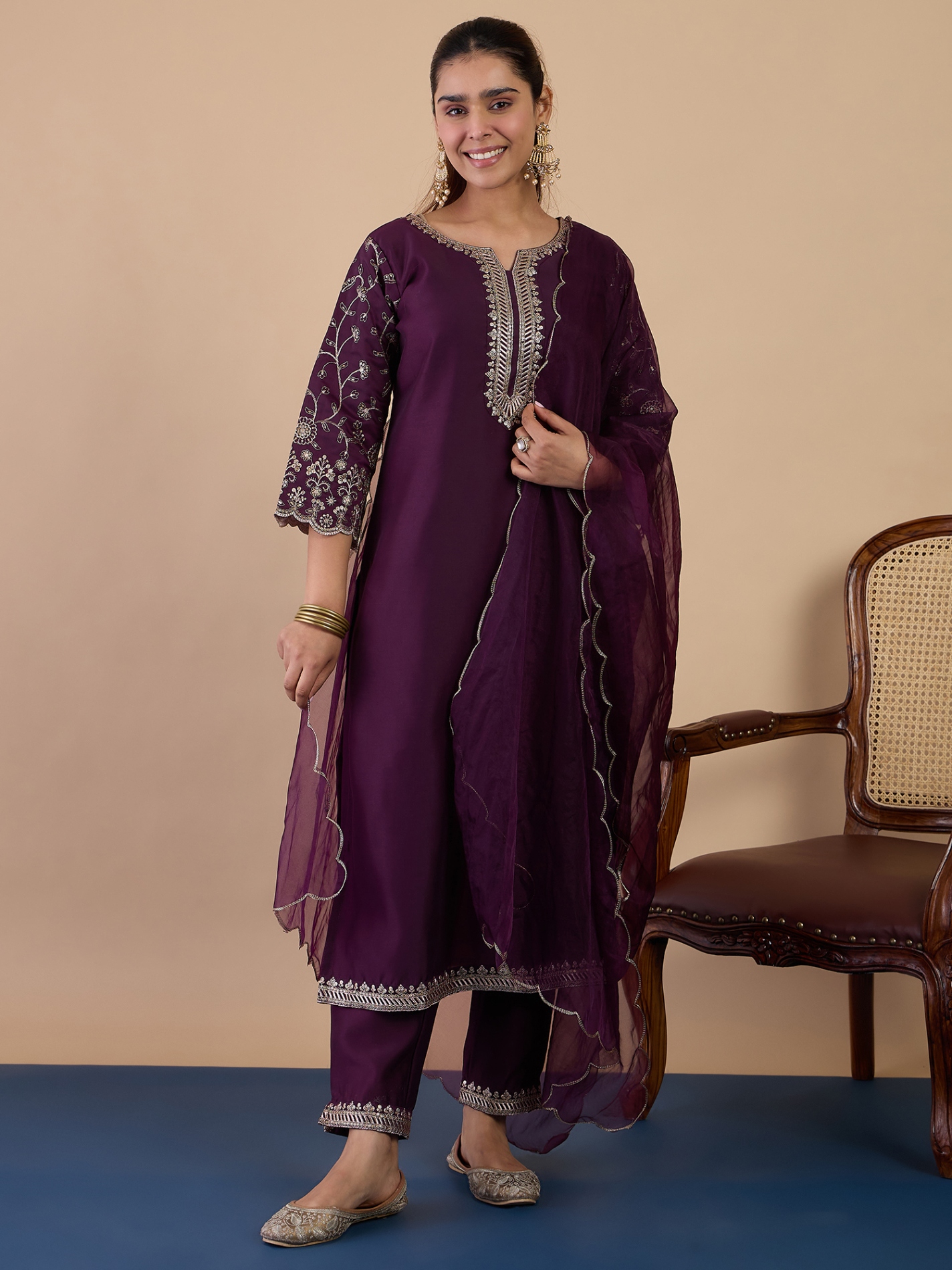 Wine Embroidered Silk Blend Straight Pant Suit