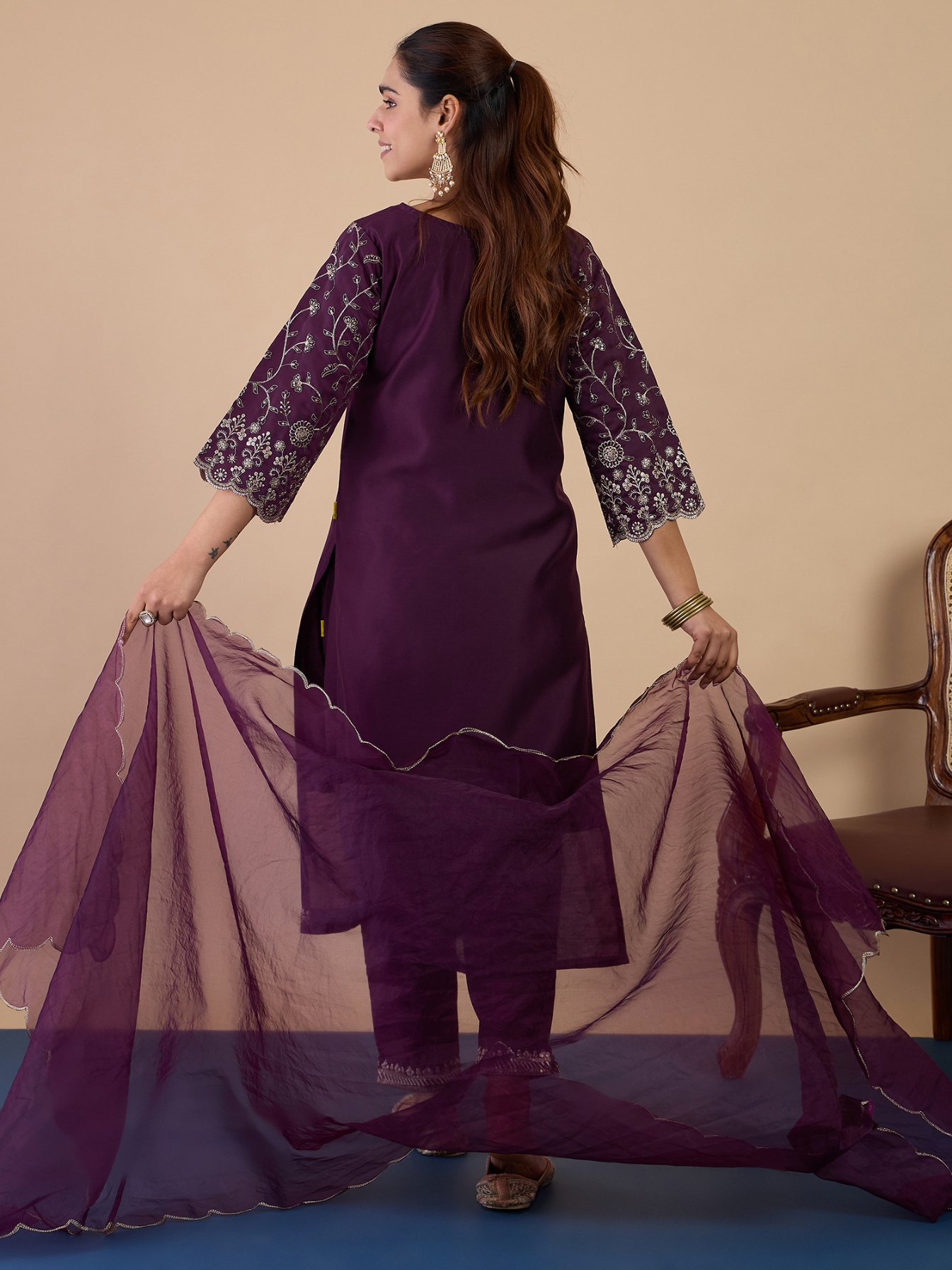 Wine Embroidered Silk Blend Straight Pant Suit — alternate view