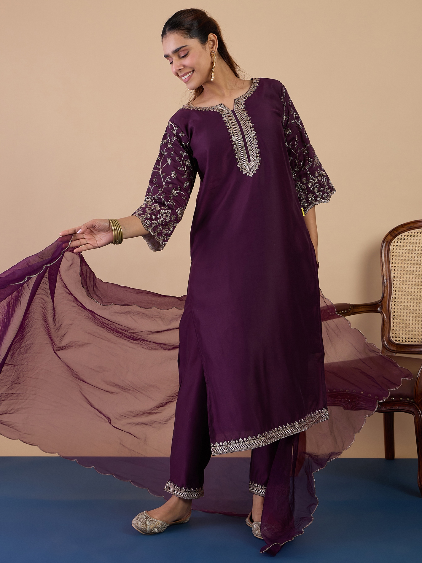 Wine Embroidered Silk Blend Straight Pant Suit