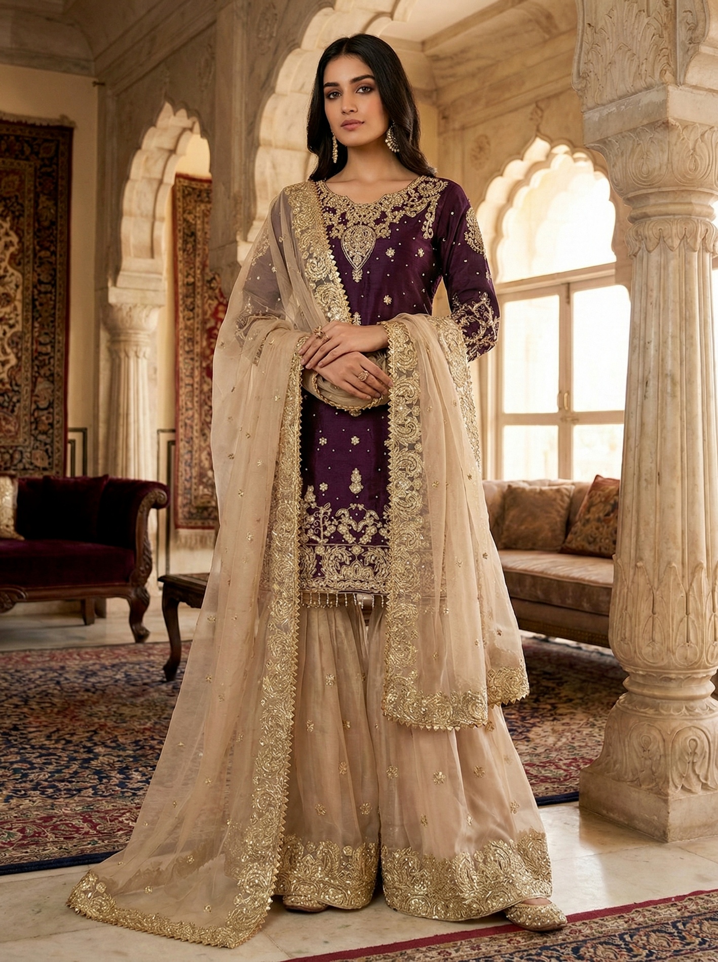 Wine Embroidered Silk Palazzo Suit