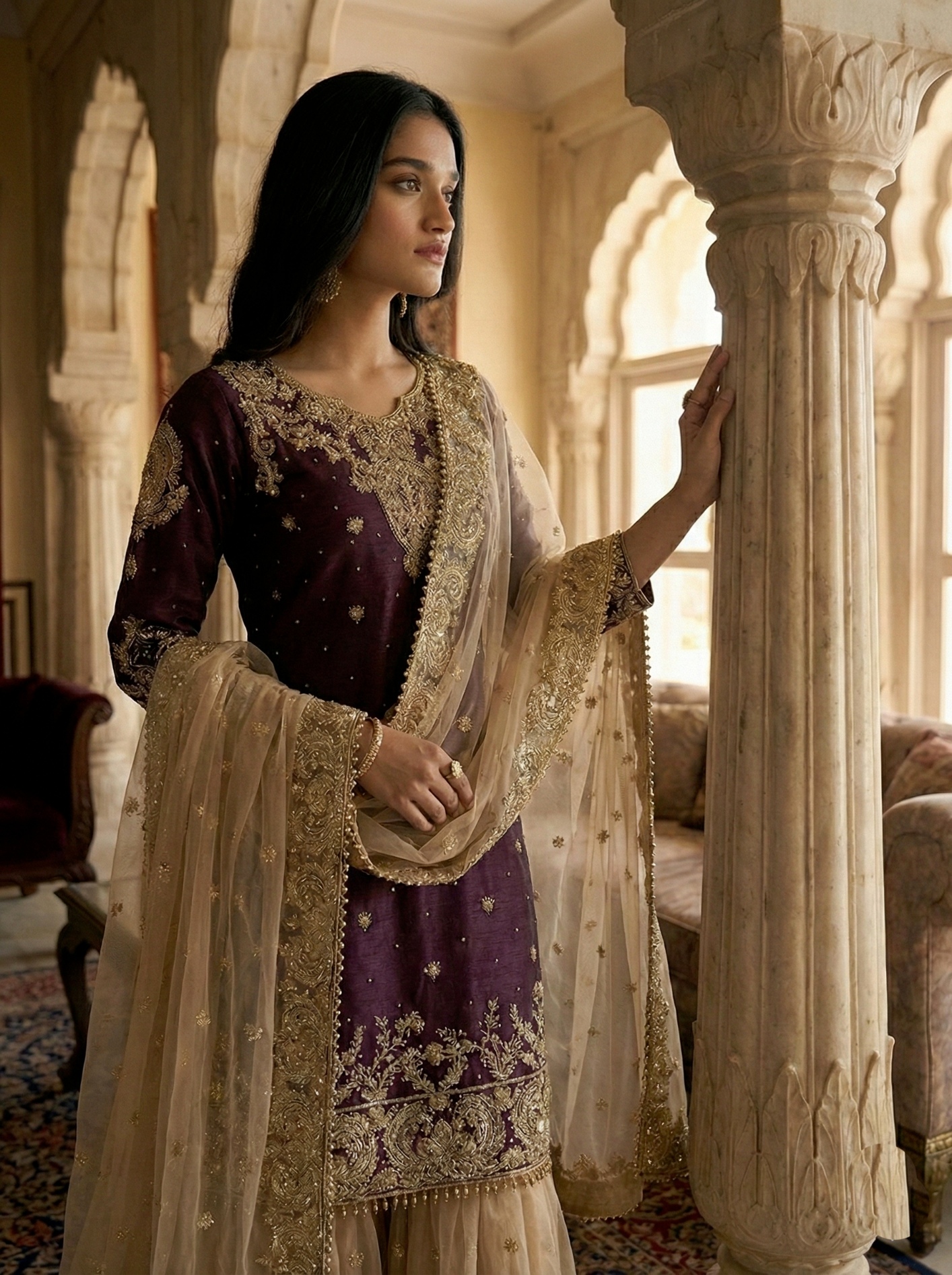 Wine Embroidered Silk Palazzo Suit — alternate view