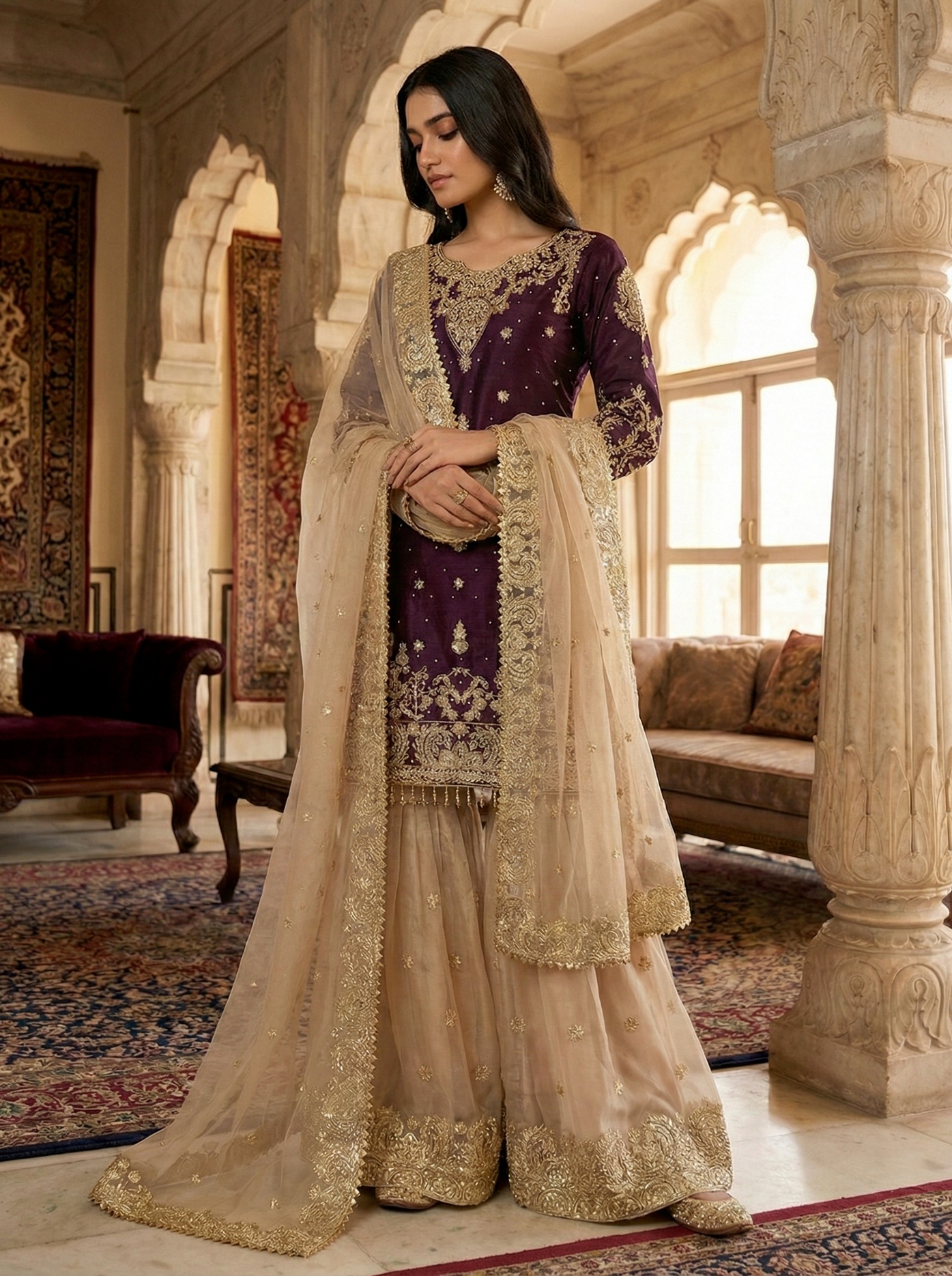 Wine Embroidered Silk Palazzo Suit