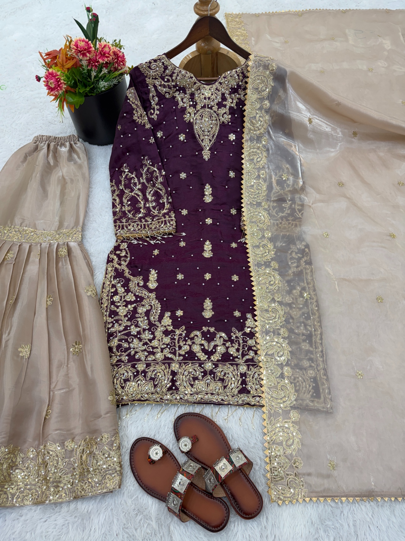 Wine Embroidered Silk Palazzo Suit