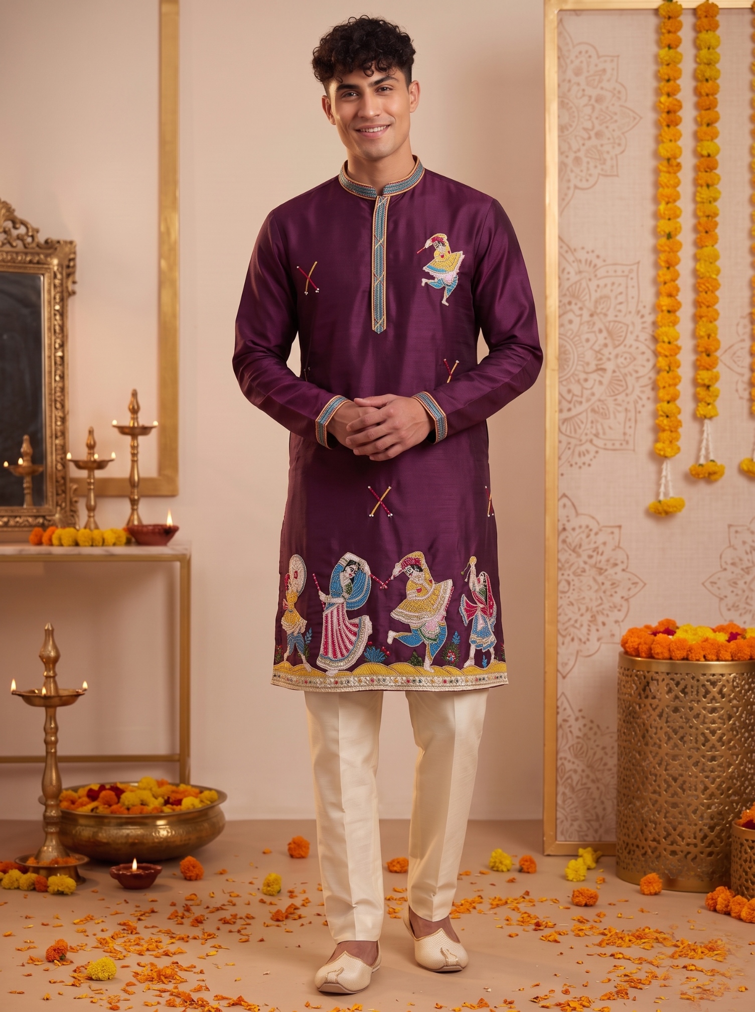 Wine Embroidered Synthetic Silk Kurta Pyjama