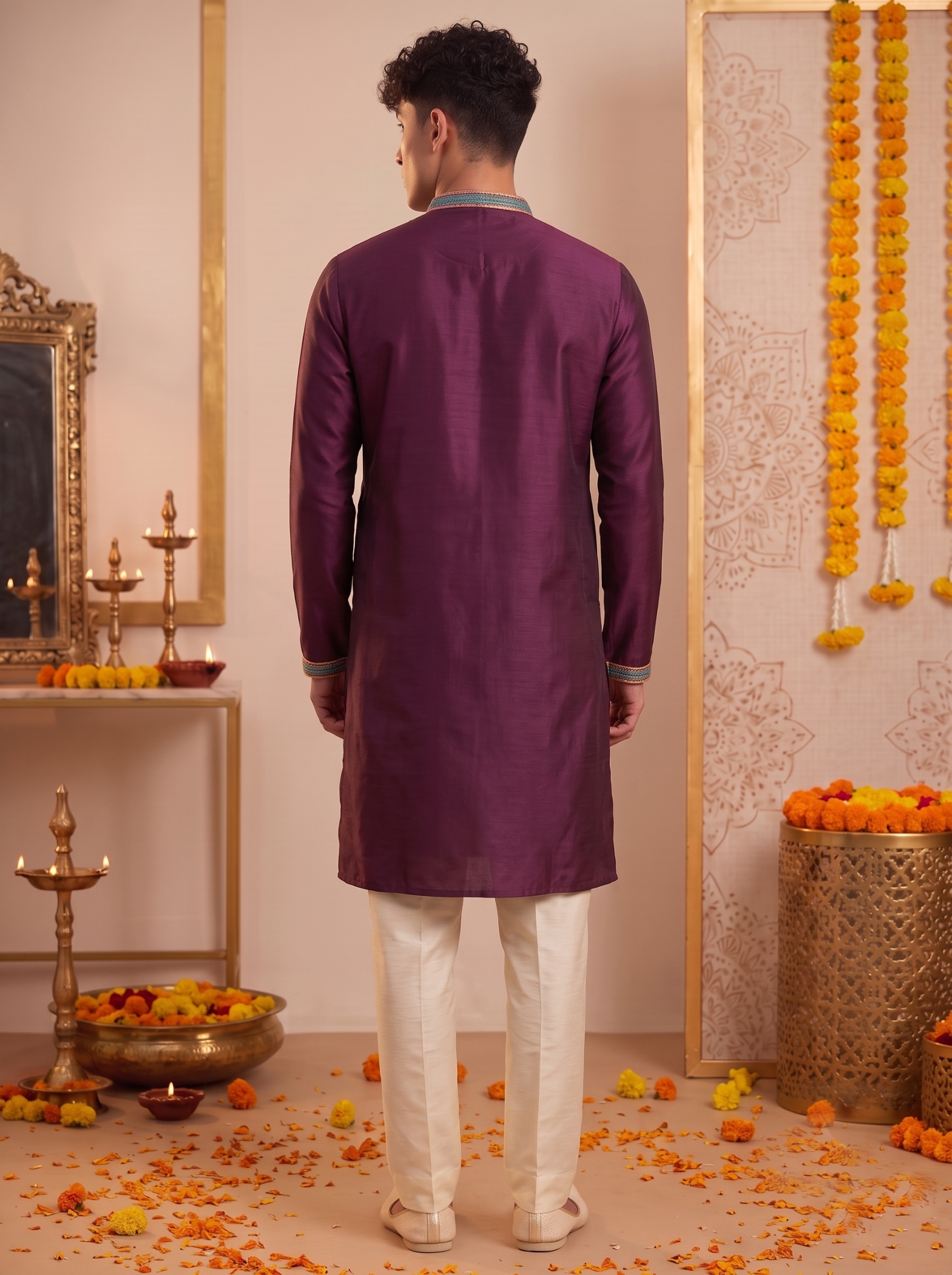 Wine Embroidered Synthetic Silk Kurta Pyjama — alternate view