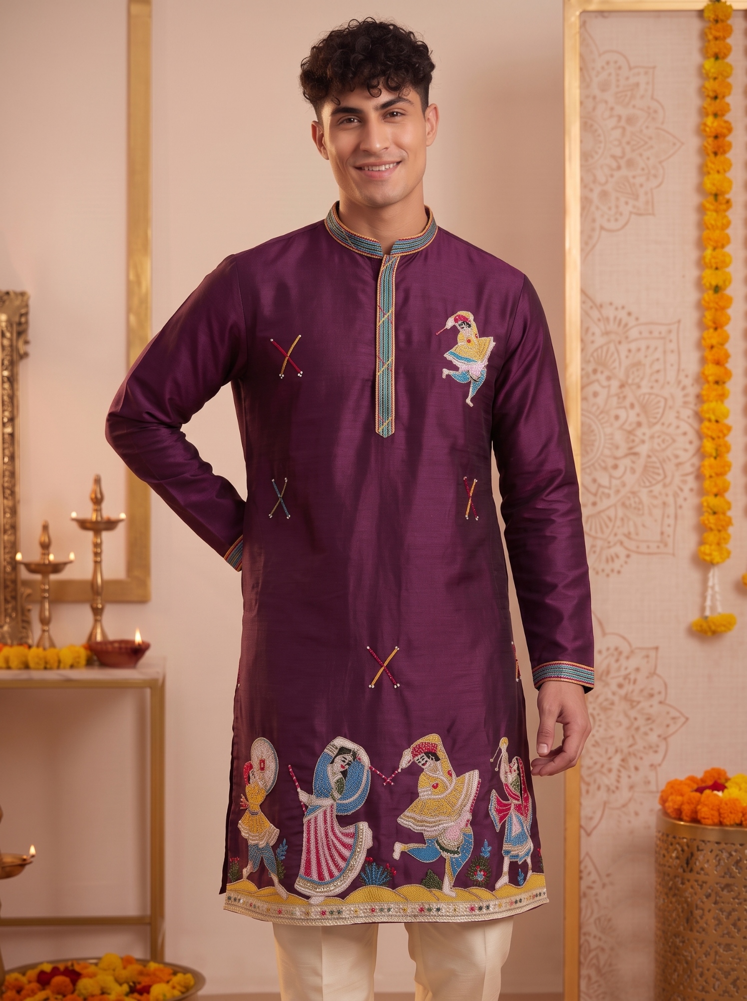 Wine Embroidered Synthetic Silk Kurta Pyjama