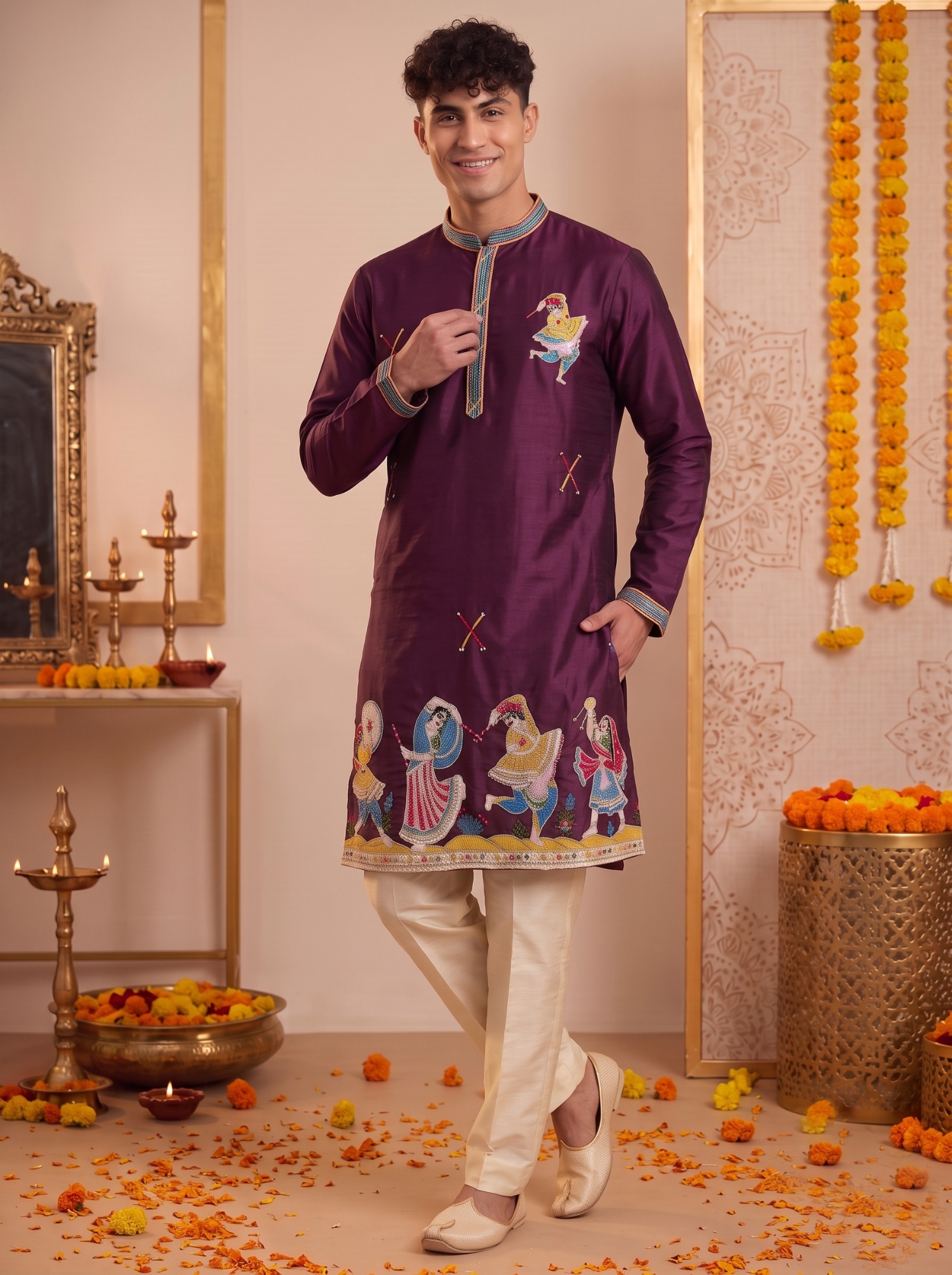 Wine Embroidered Synthetic Silk Kurta Pyjama