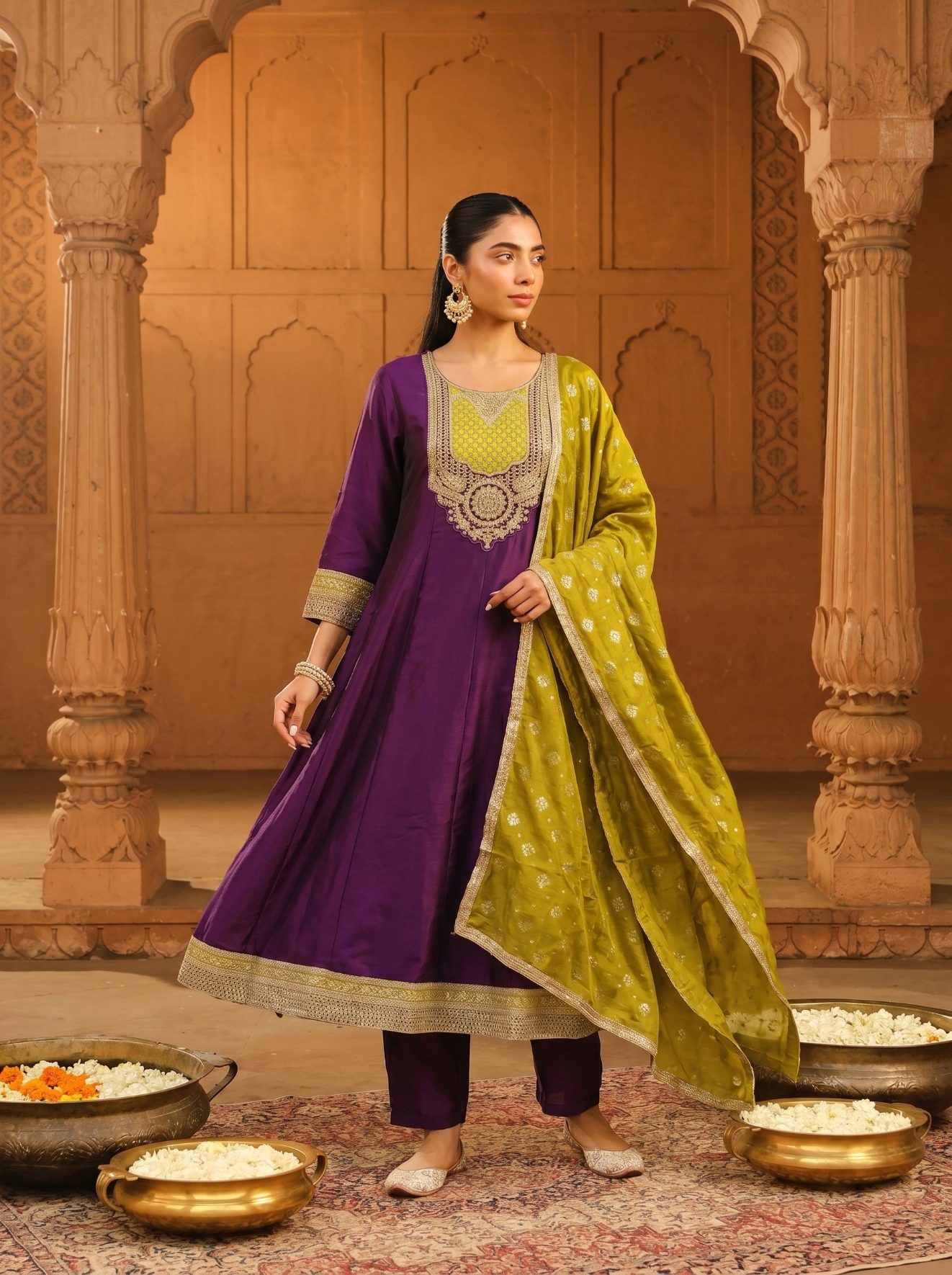 Wine Embroidered Vichitra Silk Anarkali Suit