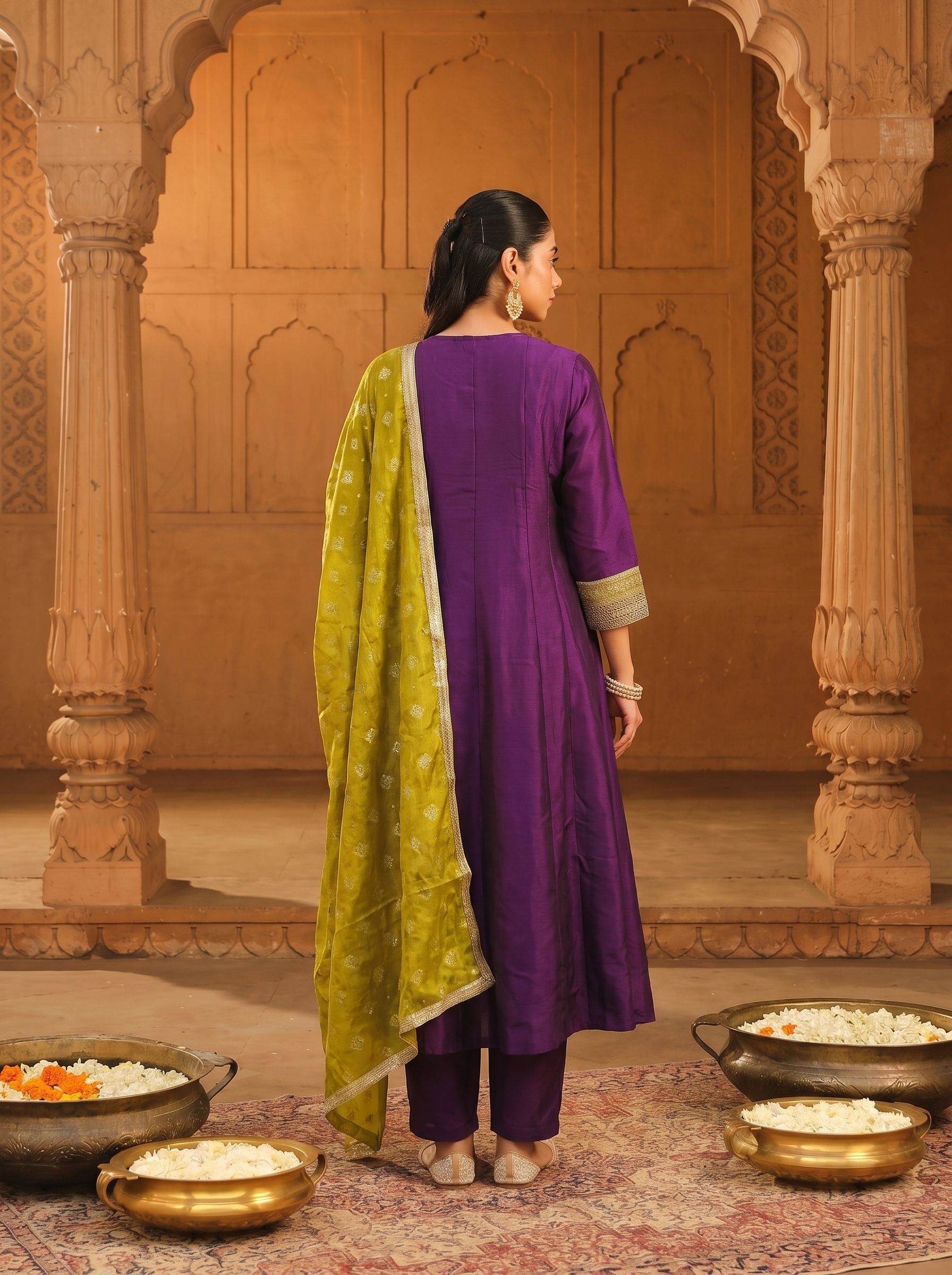 Wine Embroidered Vichitra Silk Anarkali Suit — alternate view