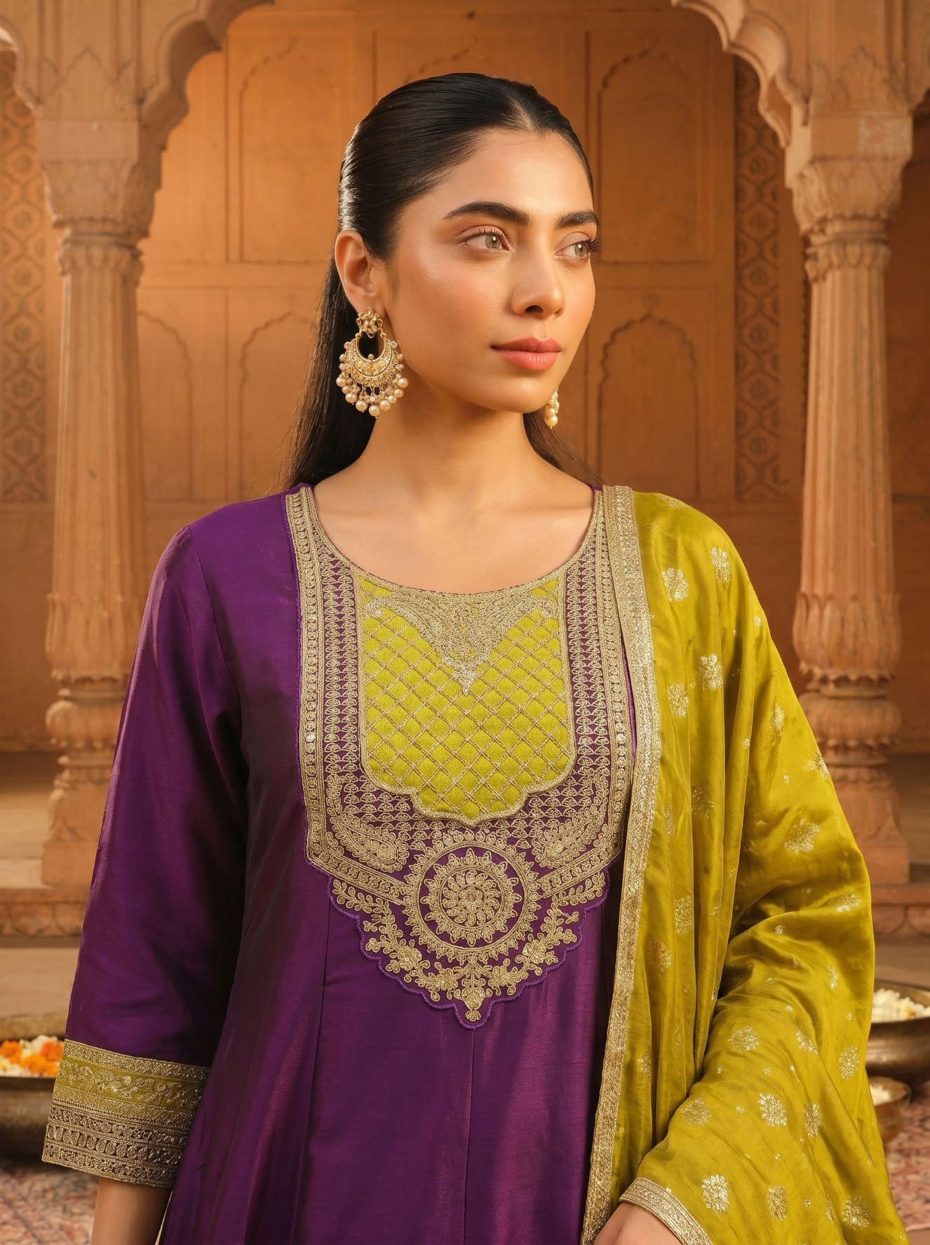 Wine Embroidered Vichitra Silk Anarkali Suit