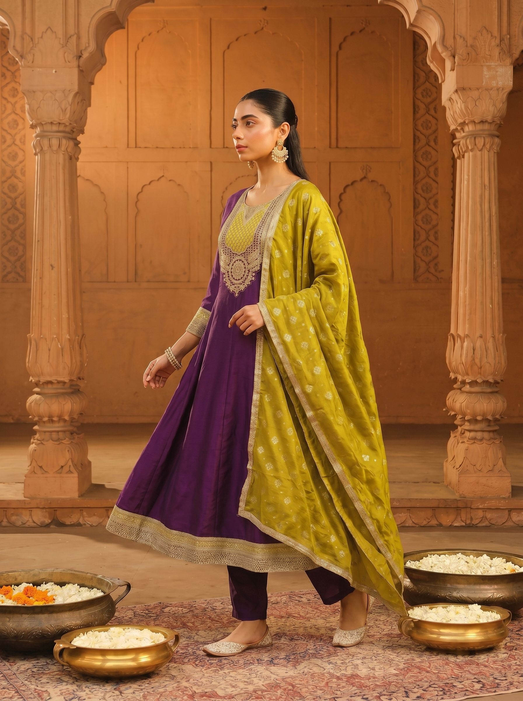 Wine Embroidered Vichitra Silk Anarkali Suit