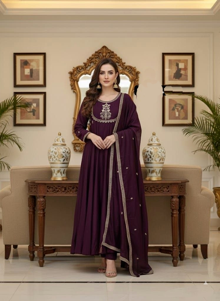Wine Embroidered Vichitra Silk Anarkali Suit