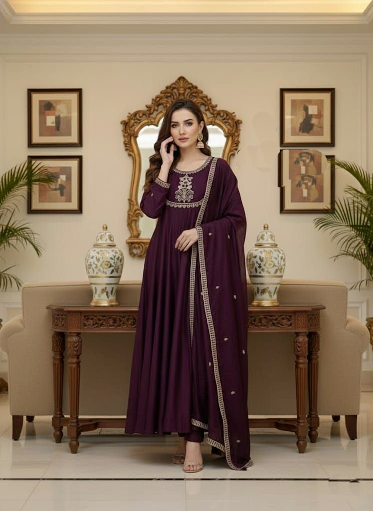 Wine Embroidered Vichitra Silk Anarkali Suit — alternate view