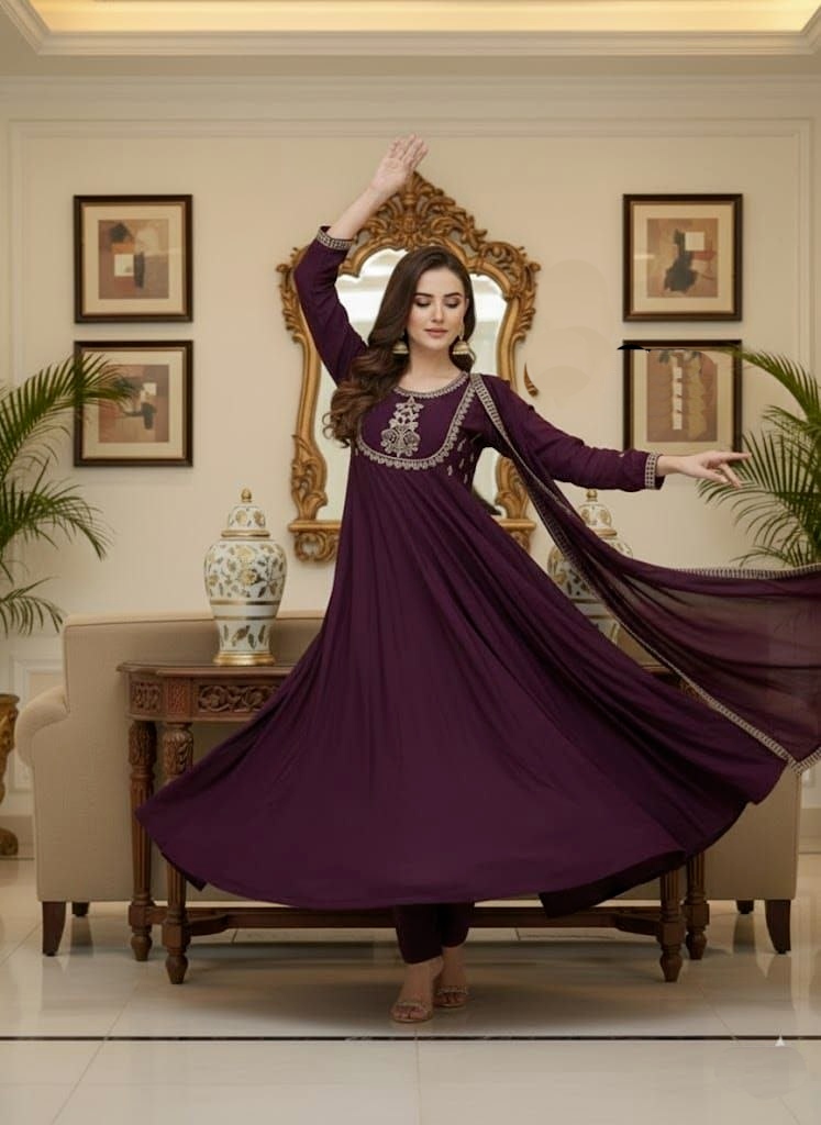 Wine Embroidered Vichitra Silk Anarkali Suit
