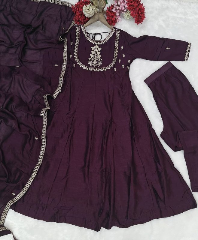 Wine Embroidered Vichitra Silk Anarkali Suit