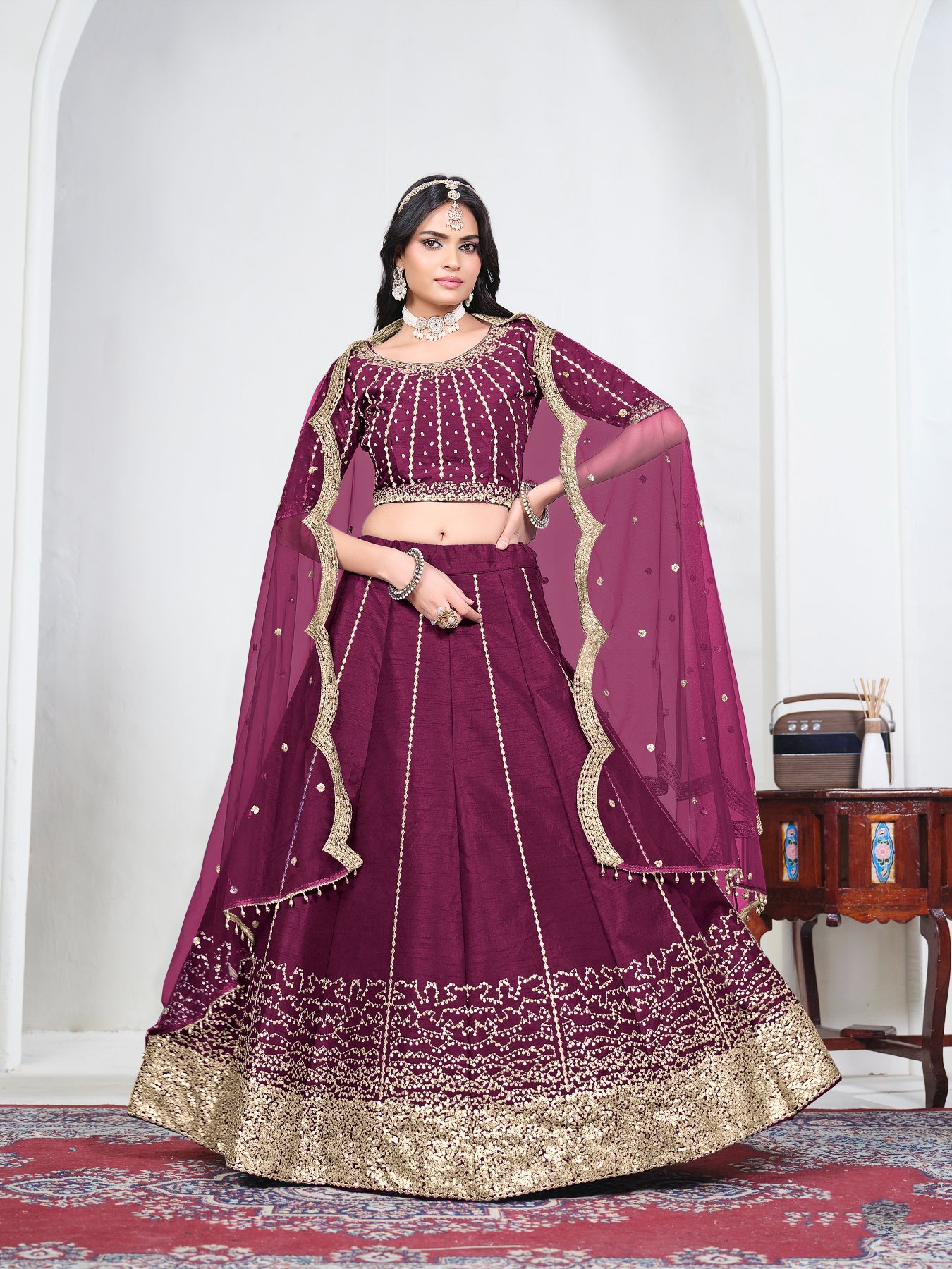 Wine Embroidery Art Silk Bridal Lehenga