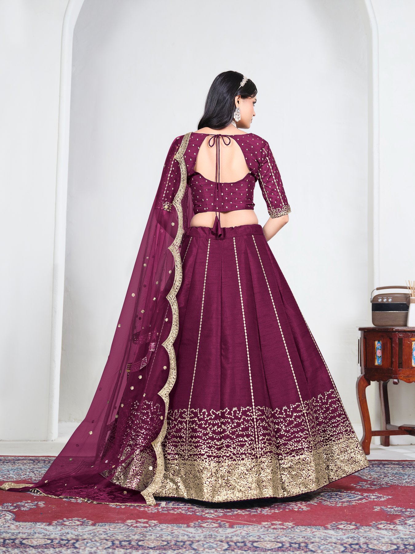 Wine Embroidery Art Silk Bridal Lehenga — alternate view