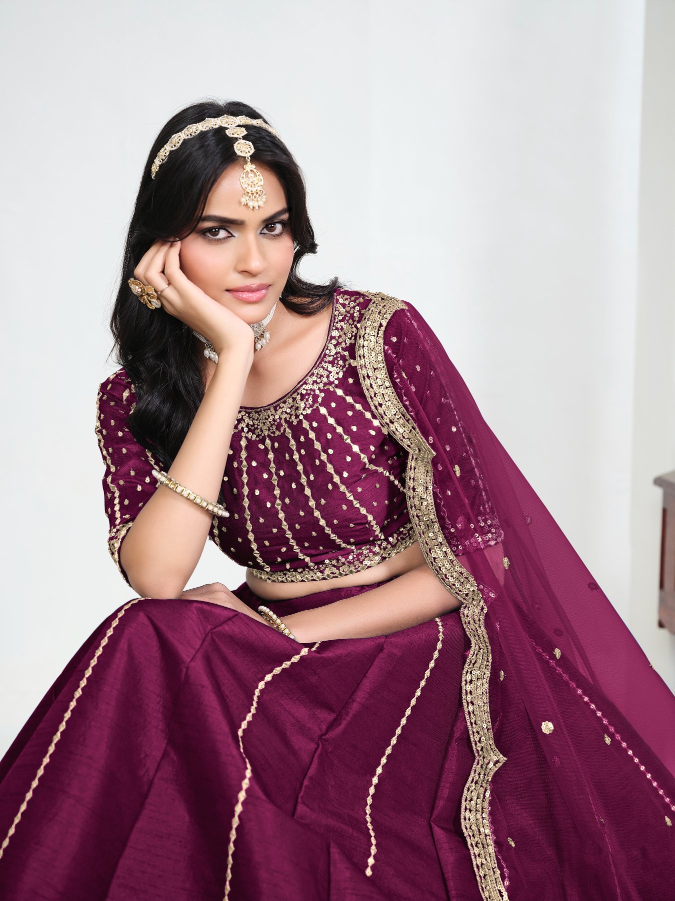 Wine Embroidery Art Silk Bridal Lehenga