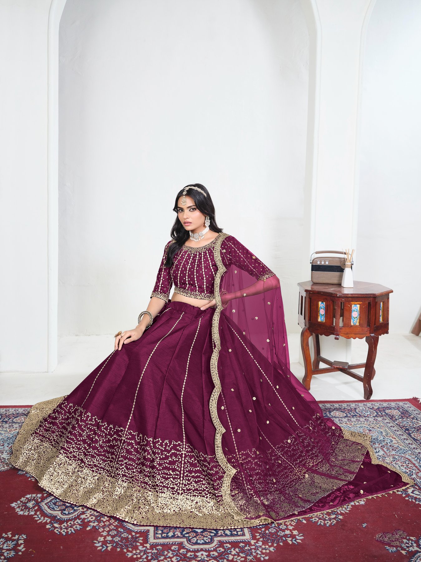 Wine Embroidery Art Silk Bridal Lehenga
