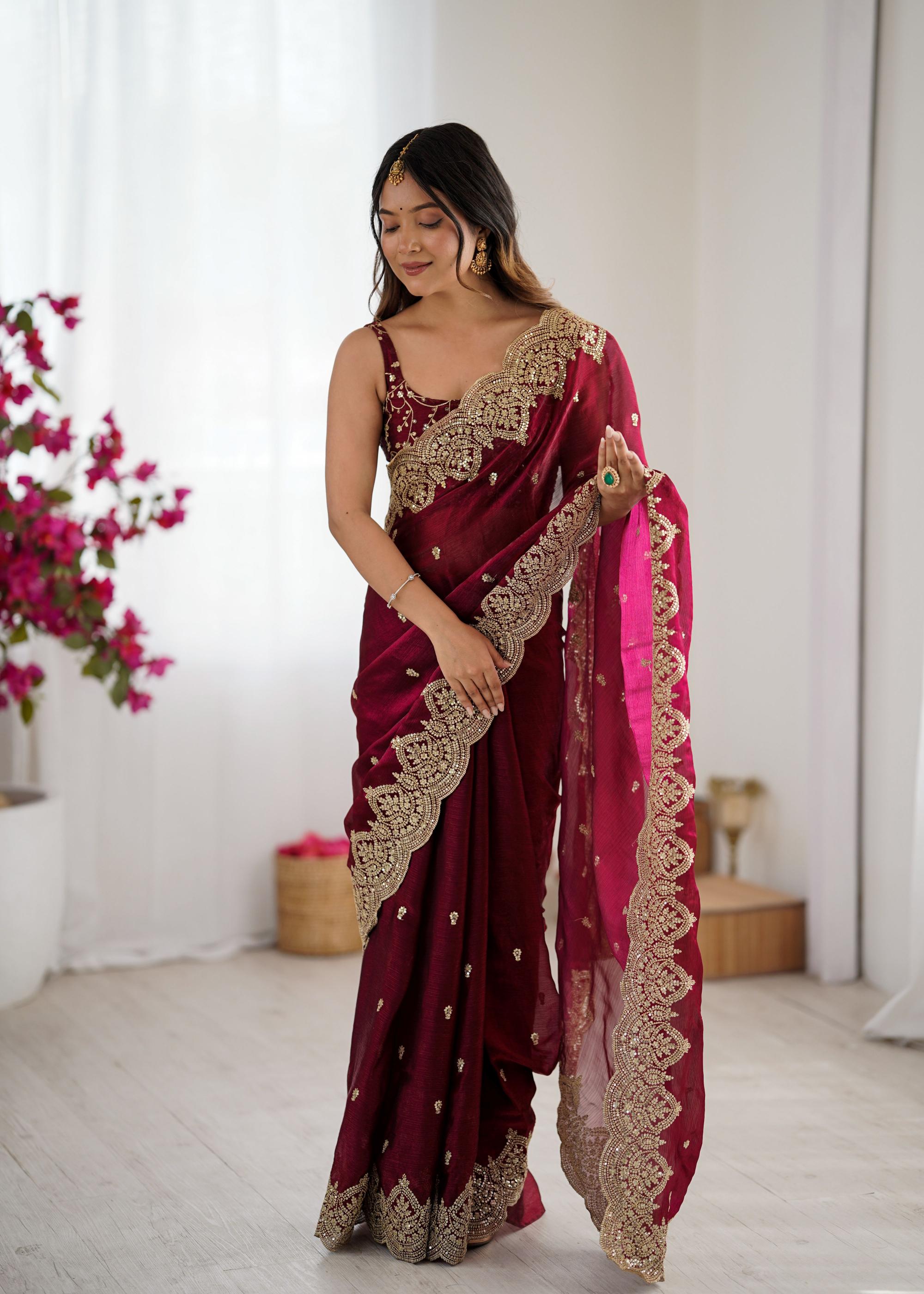 Wine Fendi Chiffon Two-Tone Embroidered Fendi Chiffon Saree