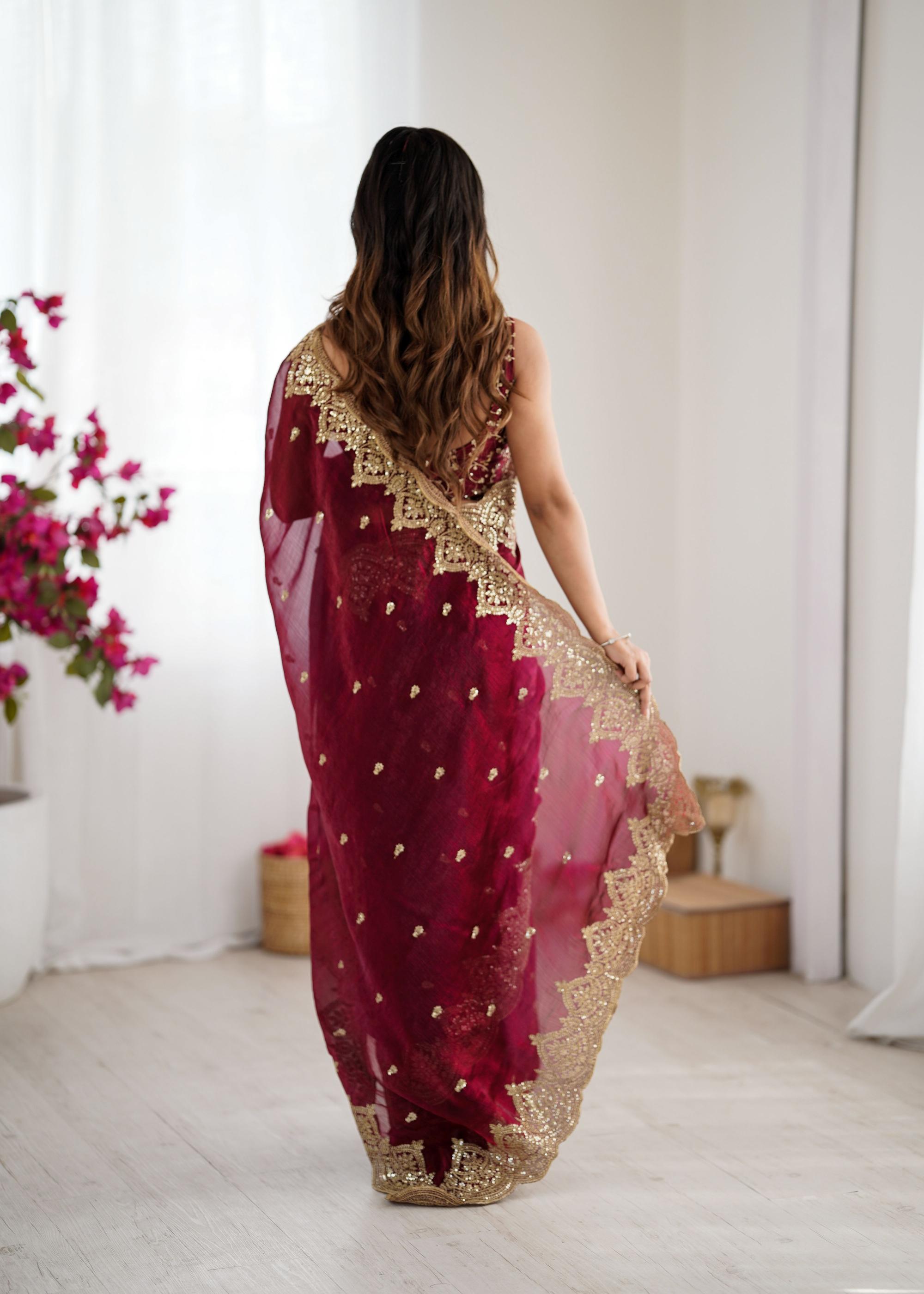 Wine Fendi Chiffon Two-Tone Embroidered Fendi Chiffon Saree — alternate view
