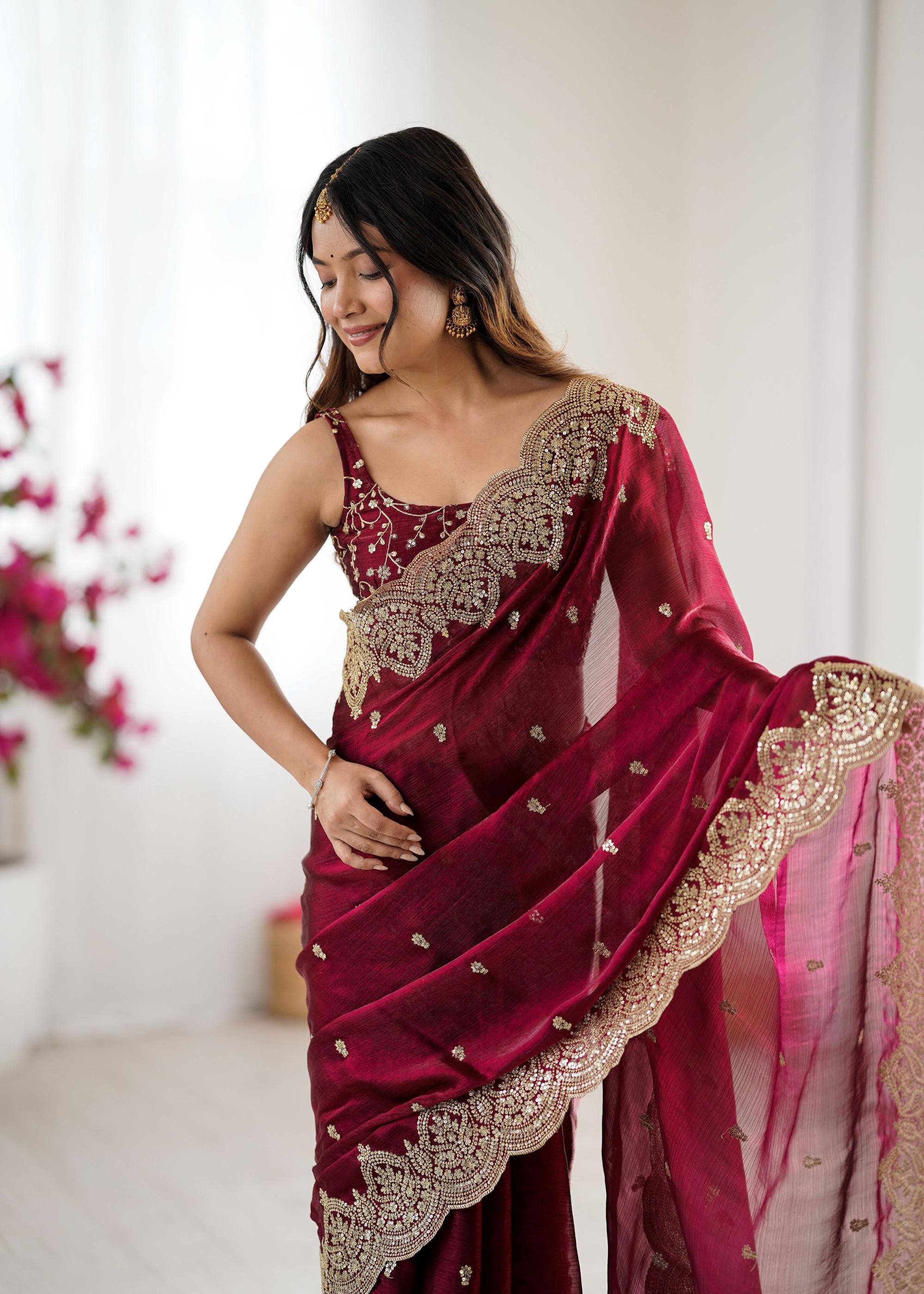 Wine Fendi Chiffon Two-Tone Embroidered Fendi Chiffon Saree