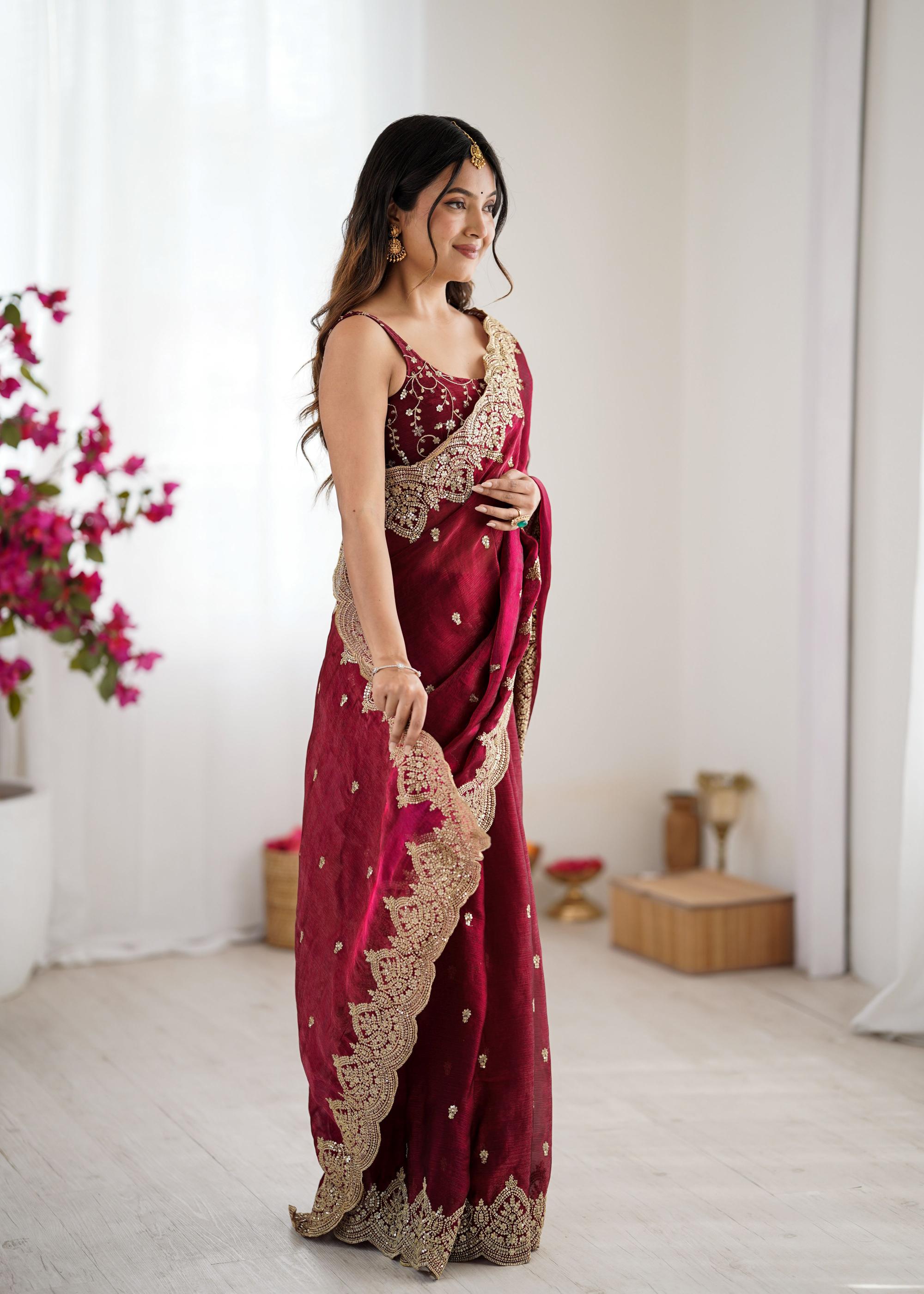 Wine Fendi Chiffon Two-Tone Embroidered Fendi Chiffon Saree