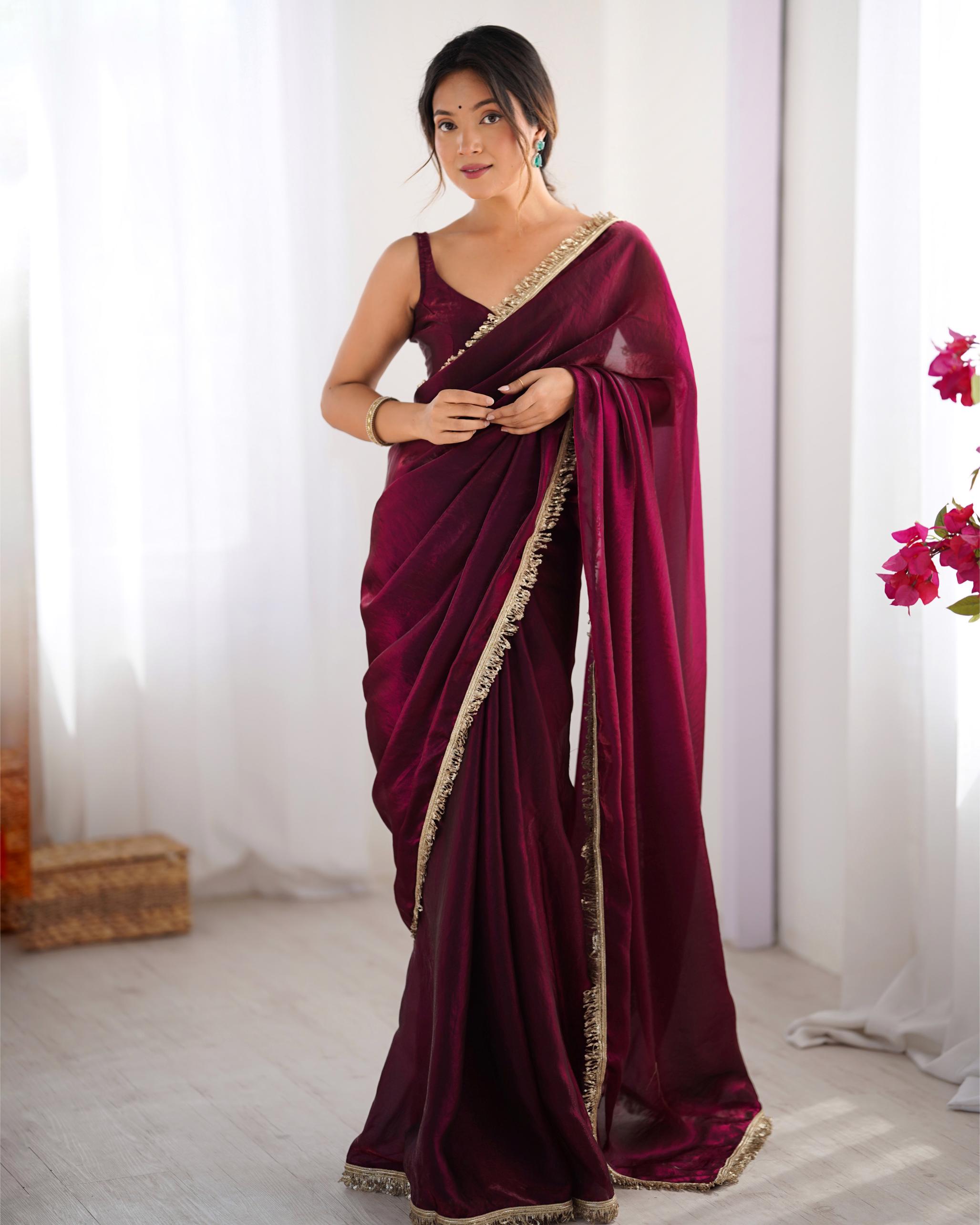 Wine Fendy Satin Lace Saree