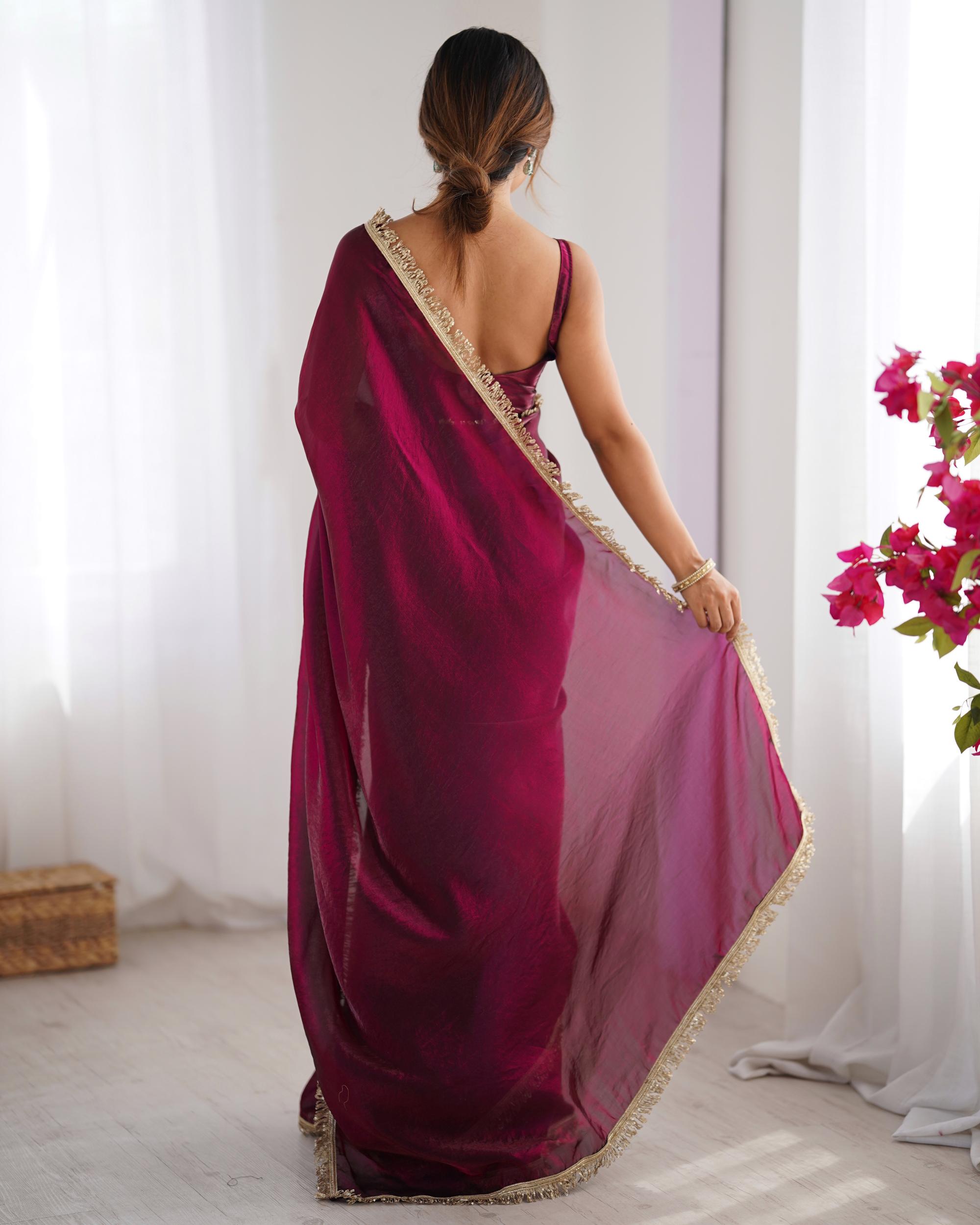 Wine Fendy Satin Lace Saree — alternate view
