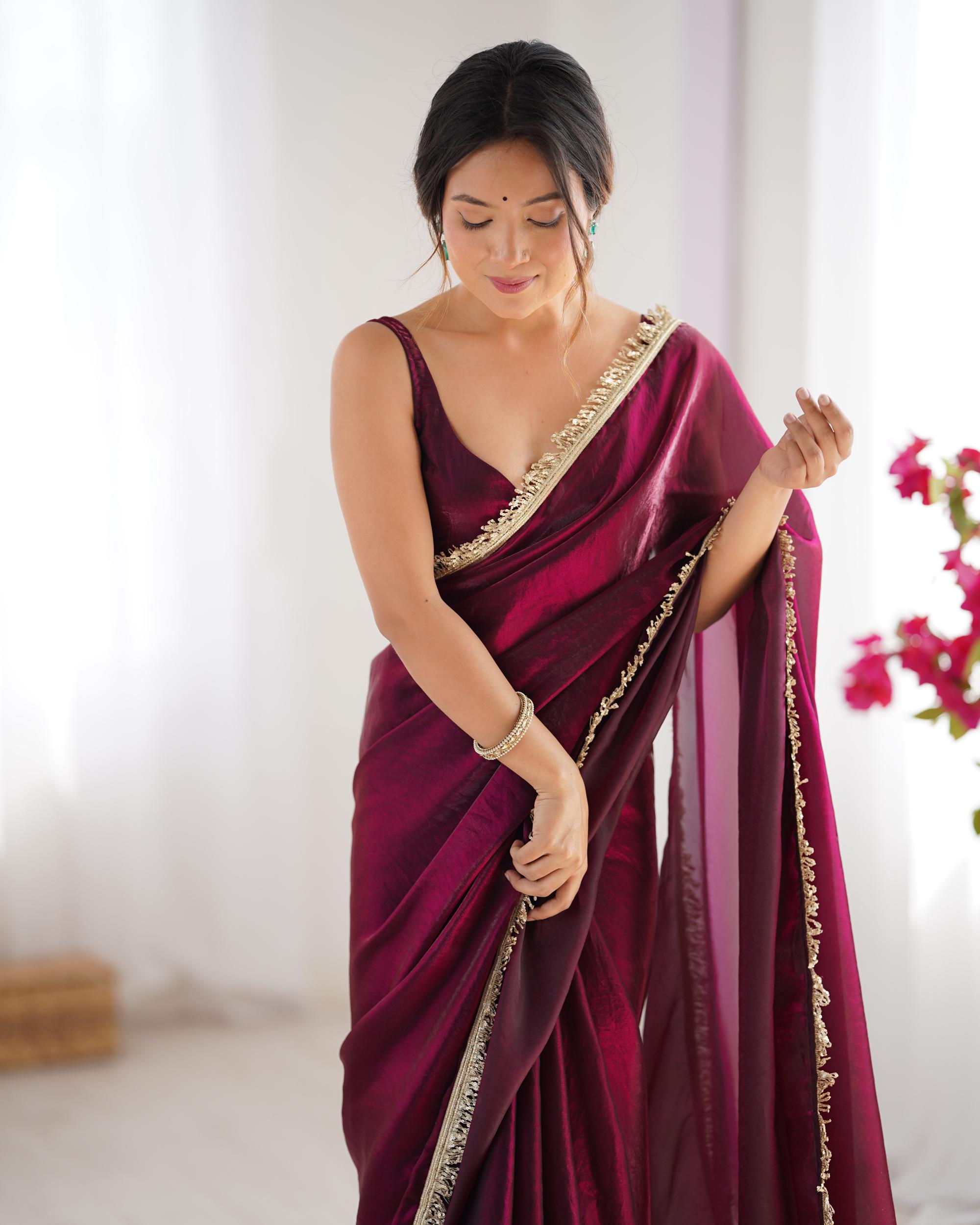 Wine Fendy Satin Lace Saree