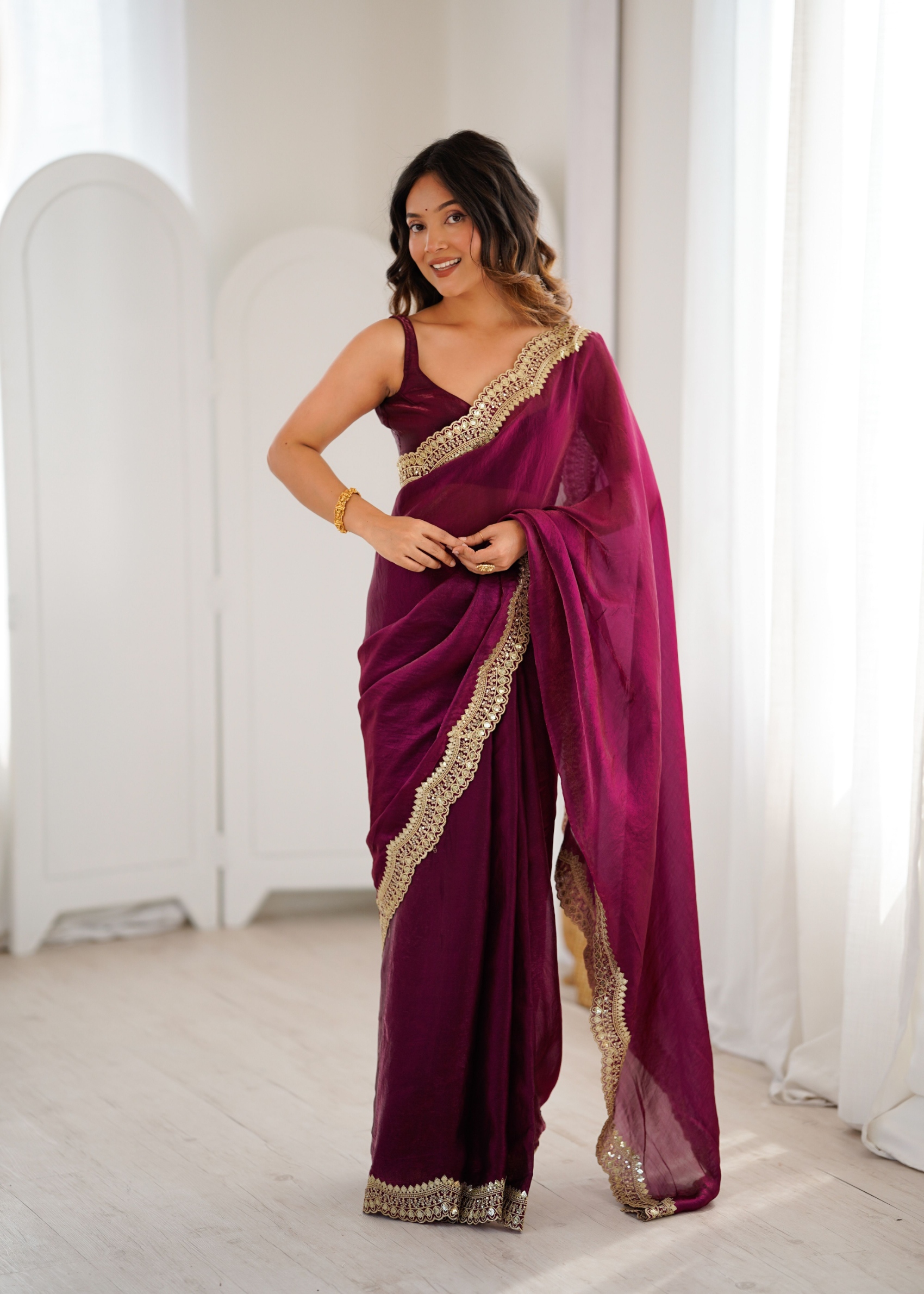 Wine Fendy Satin Silk Sequin Zari Embroidered Saree