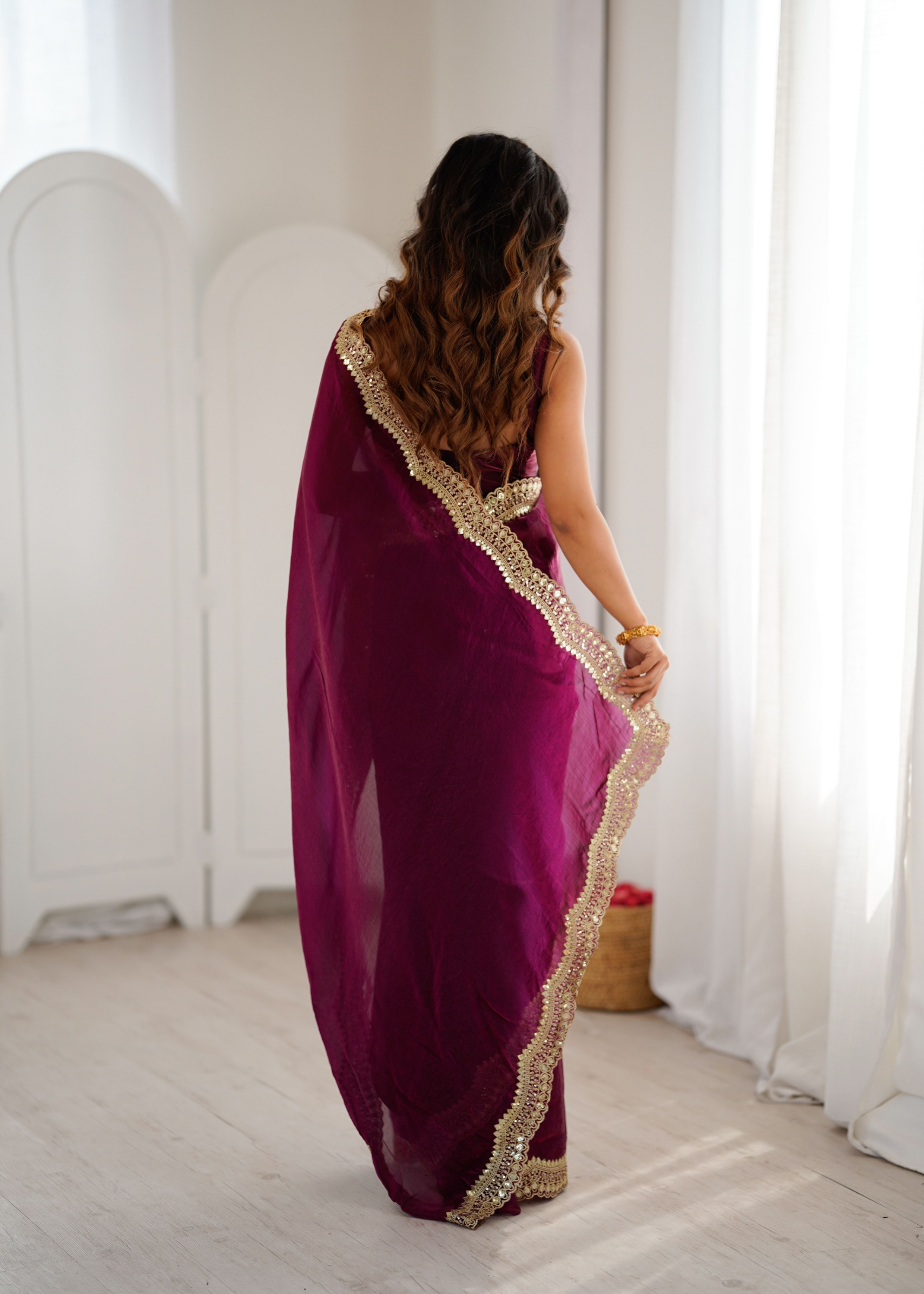 Wine Fendy Satin Silk Sequin Zari Embroidered Saree — alternate view