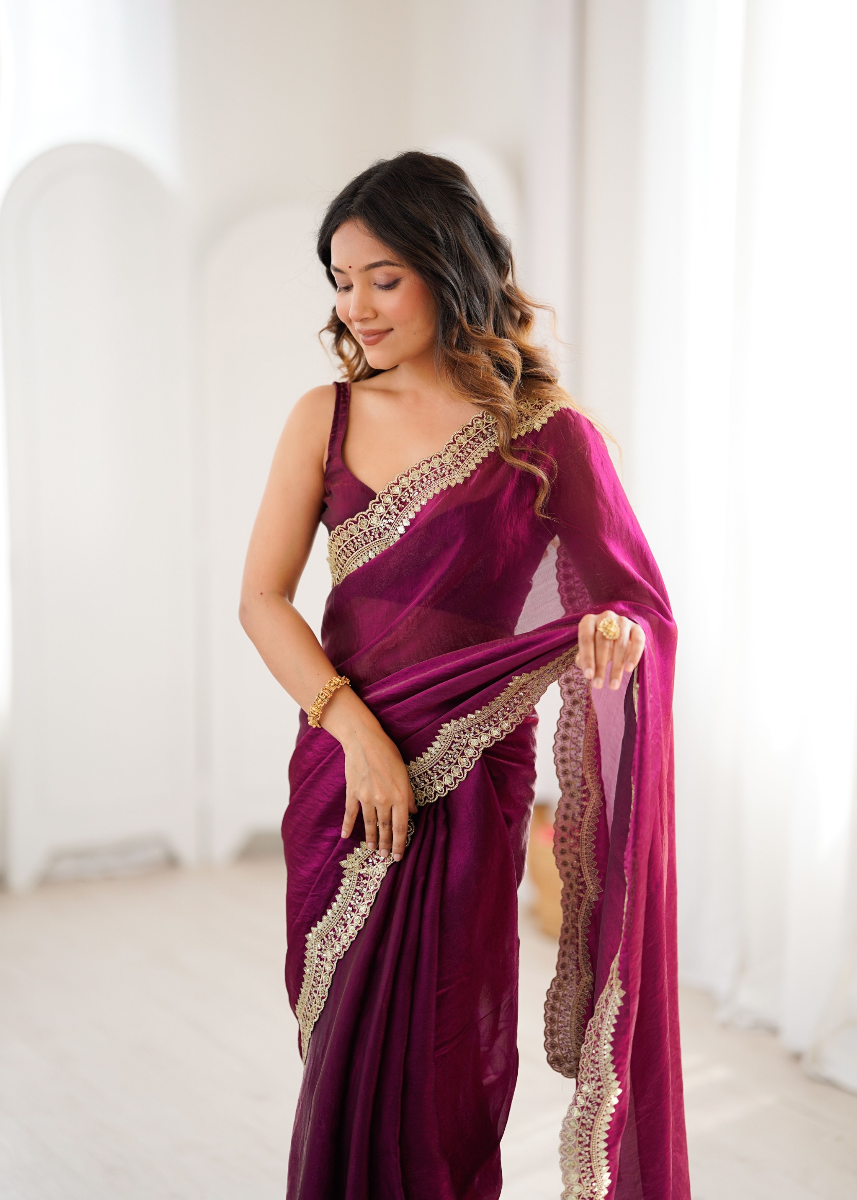 Wine Fendy Satin Silk Sequin Zari Embroidered Saree