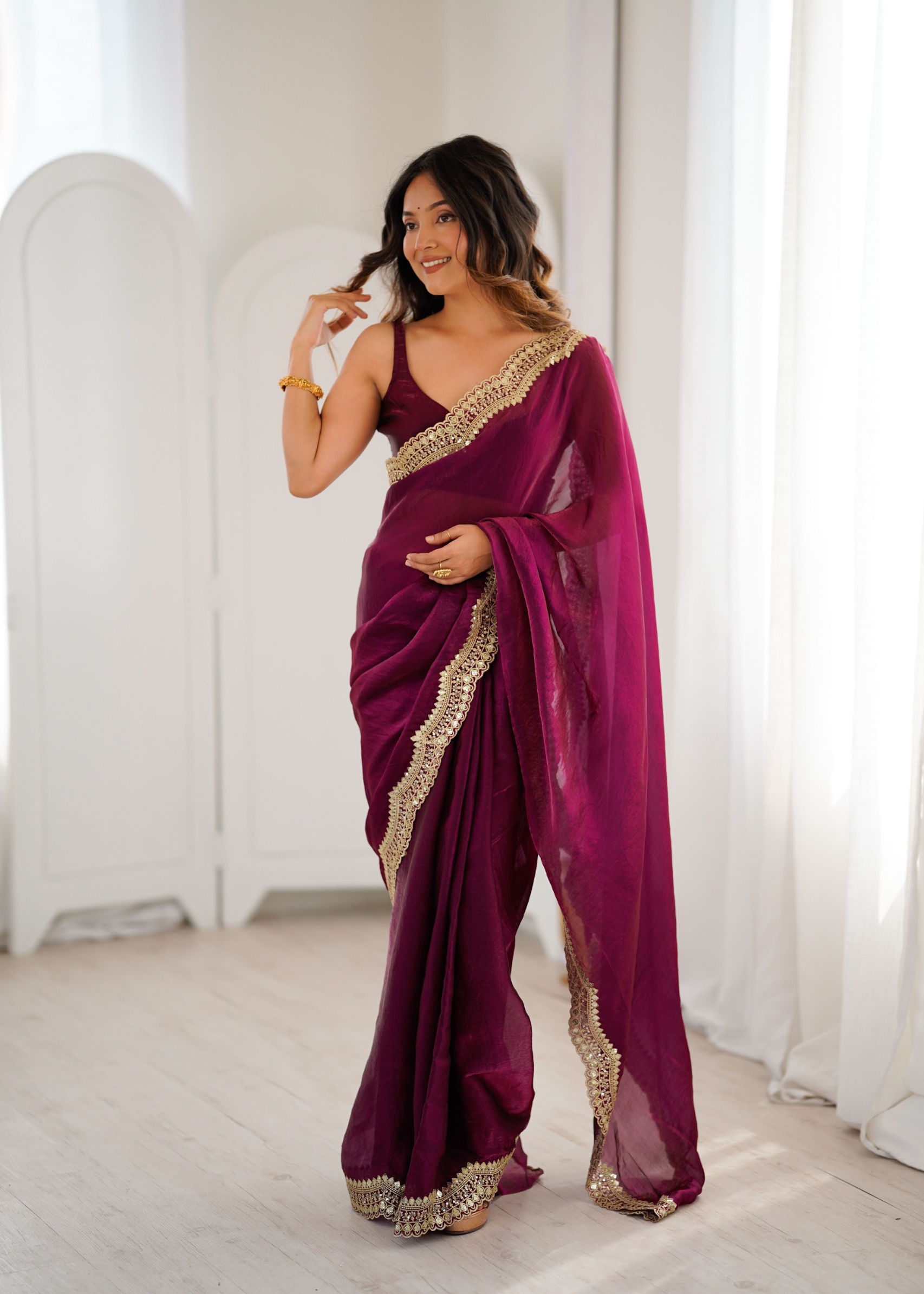 Wine Fendy Satin Silk Sequin Zari Embroidered Saree