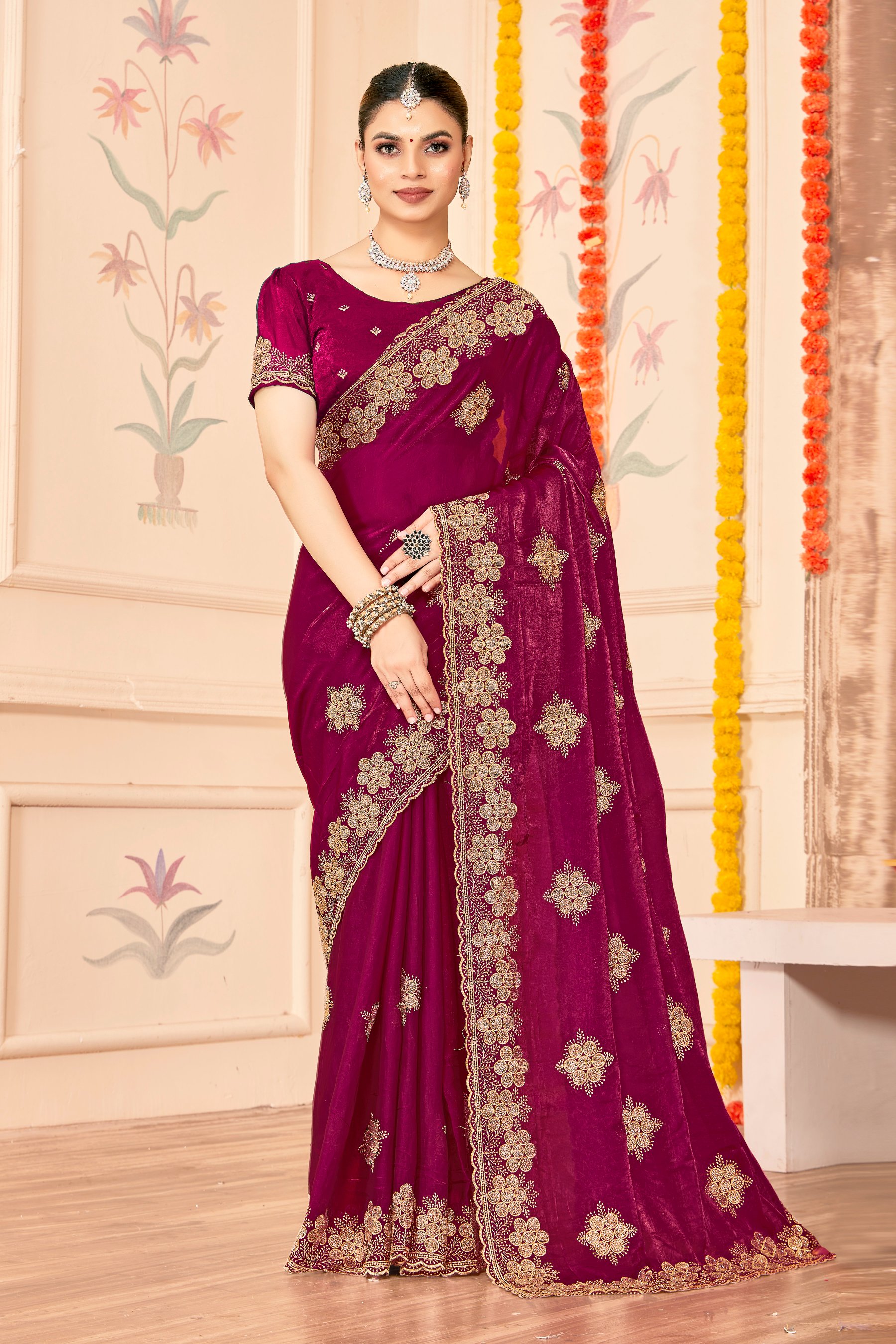 Wine Fendy Silk Zari Siroski Saree