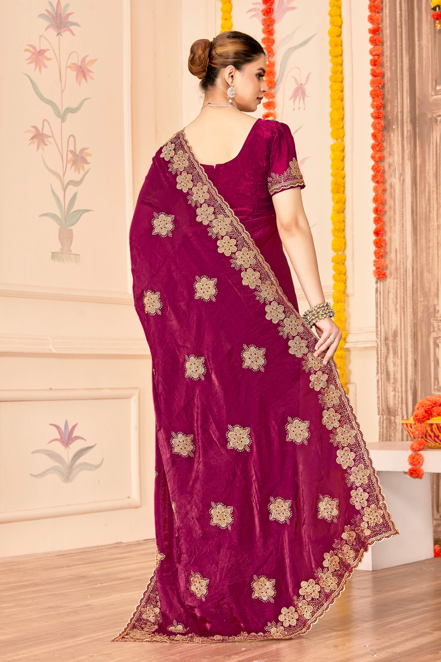 Wine Fendy Silk Zari Siroski Saree — alternate view