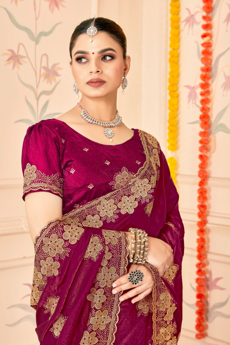 Wine Fendy Silk Zari Siroski Saree