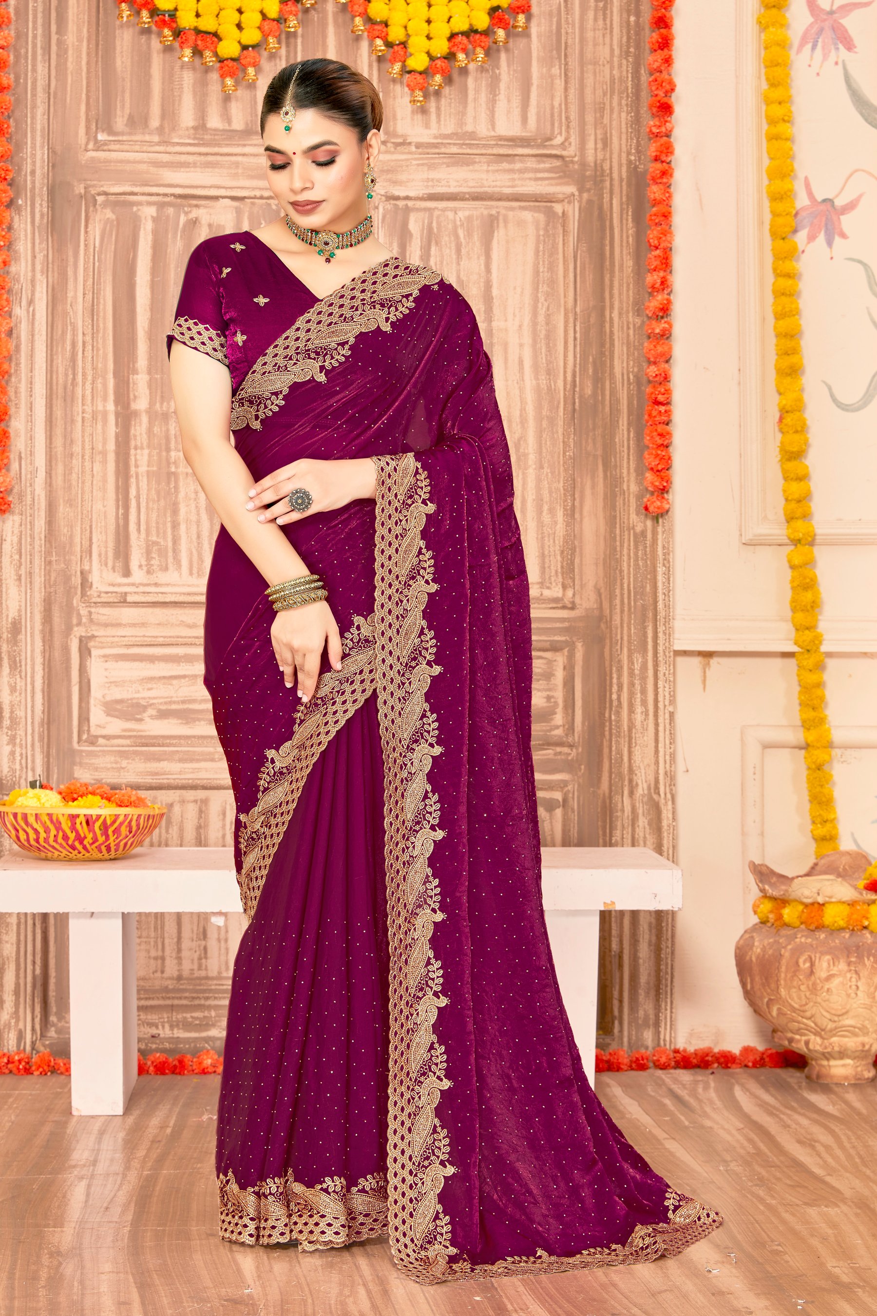 Wine Fendy Silk Zari Siroski Saree