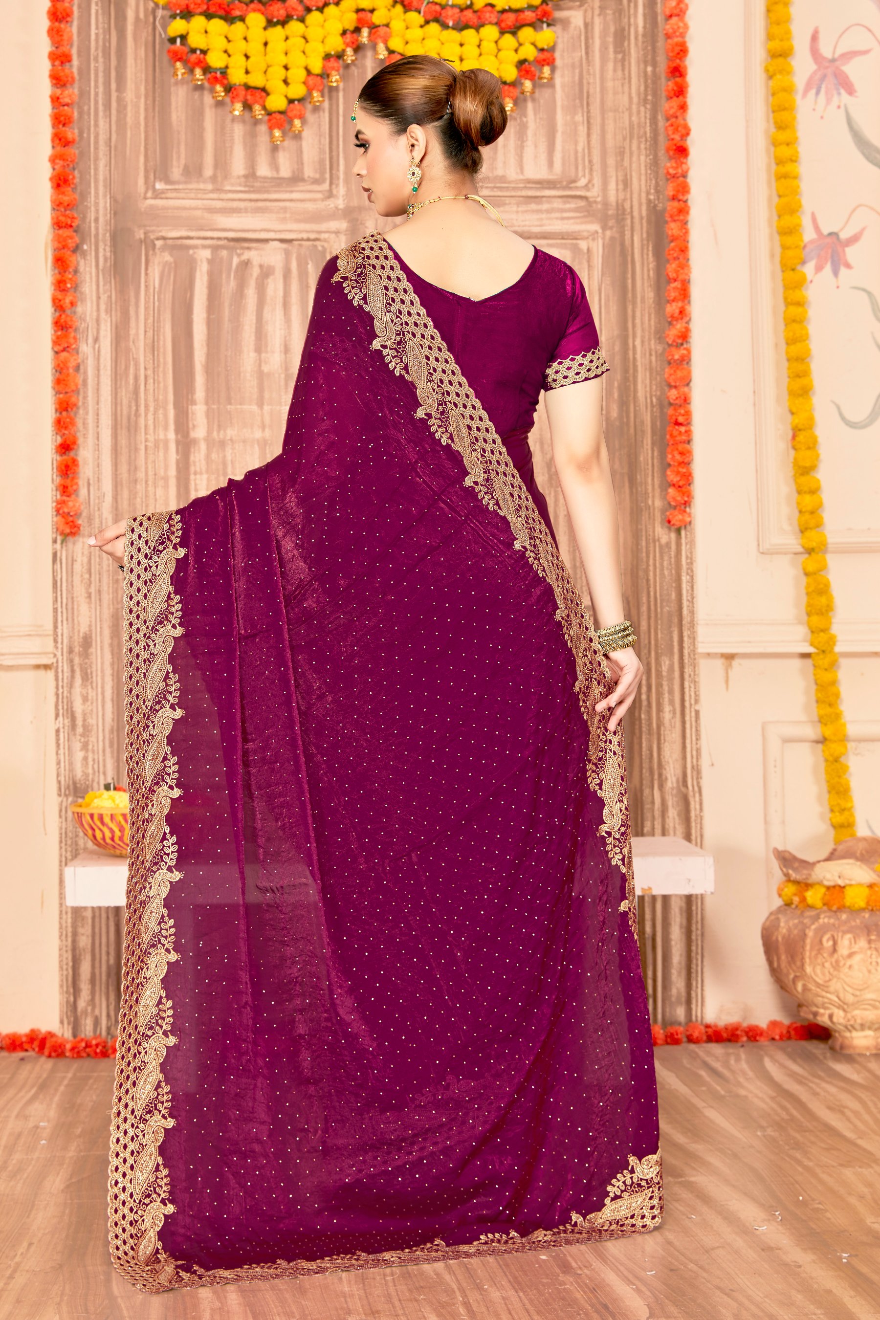 Wine Fendy Silk Zari Siroski Saree — alternate view