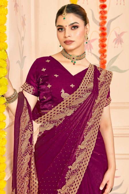 Wine Fendy Silk Zari Siroski Saree