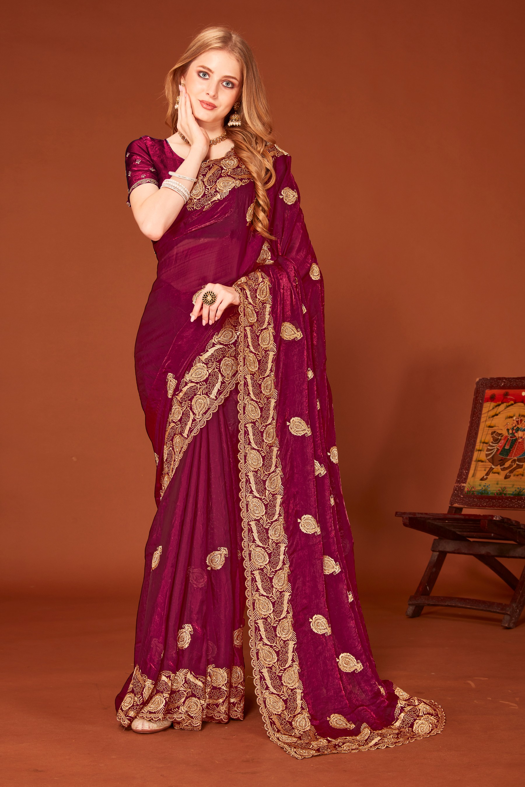 Wine Fendy Two Tone Silk Zari Embroidered Saree with Zircon Work