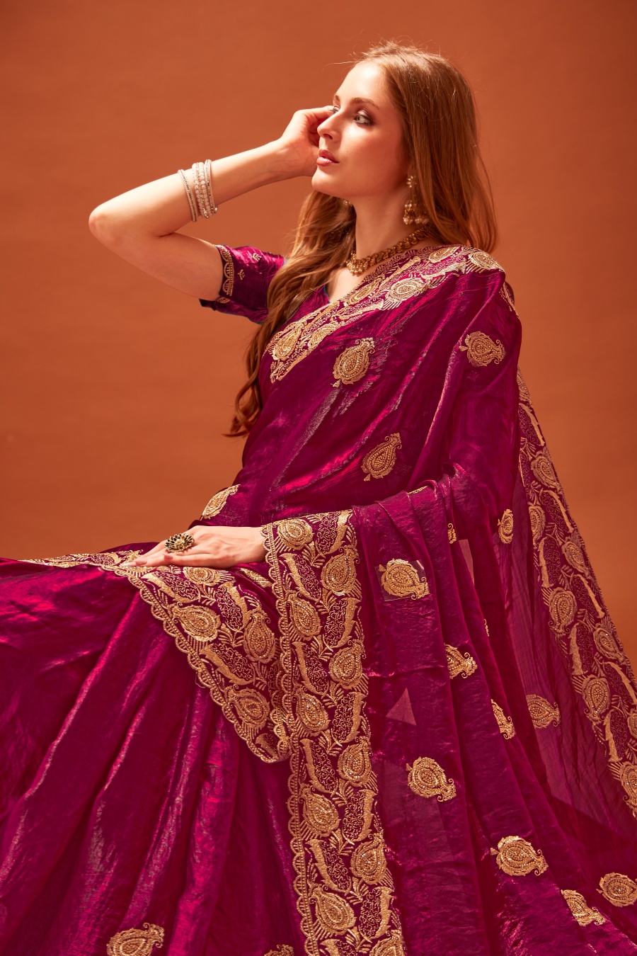 Wine Fendy Two Tone Silk Zari Embroidered Saree with Zircon Work
