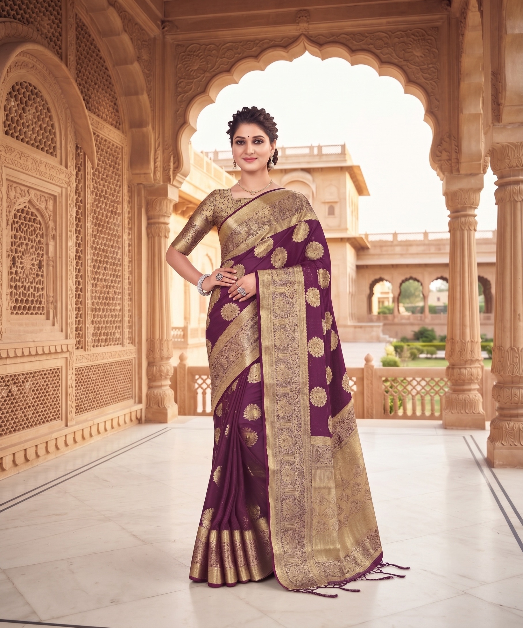 Wine Floral Buti Zari Woven Fendy Satin Saree