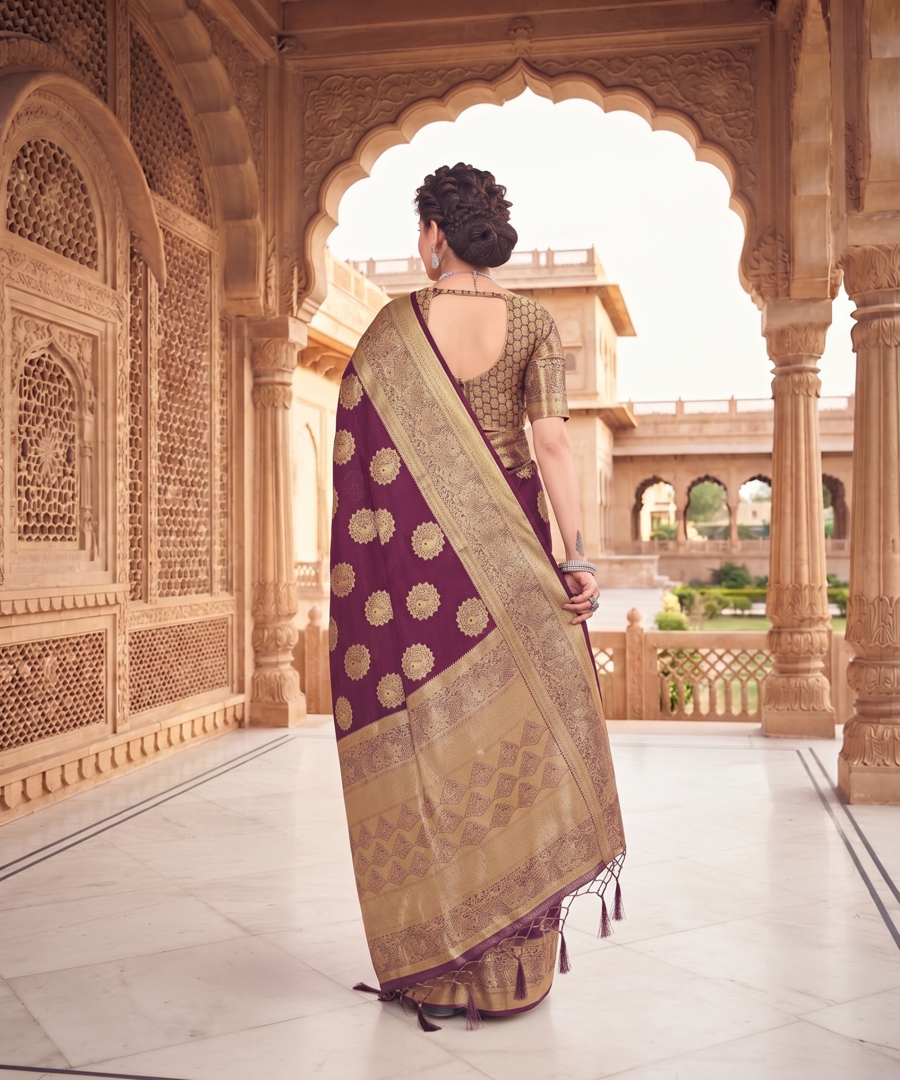 Wine Floral Buti Zari Woven Fendy Satin Saree