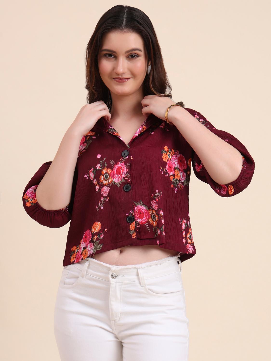 Wine Floral Delta Readymade Short Crocks Shirt