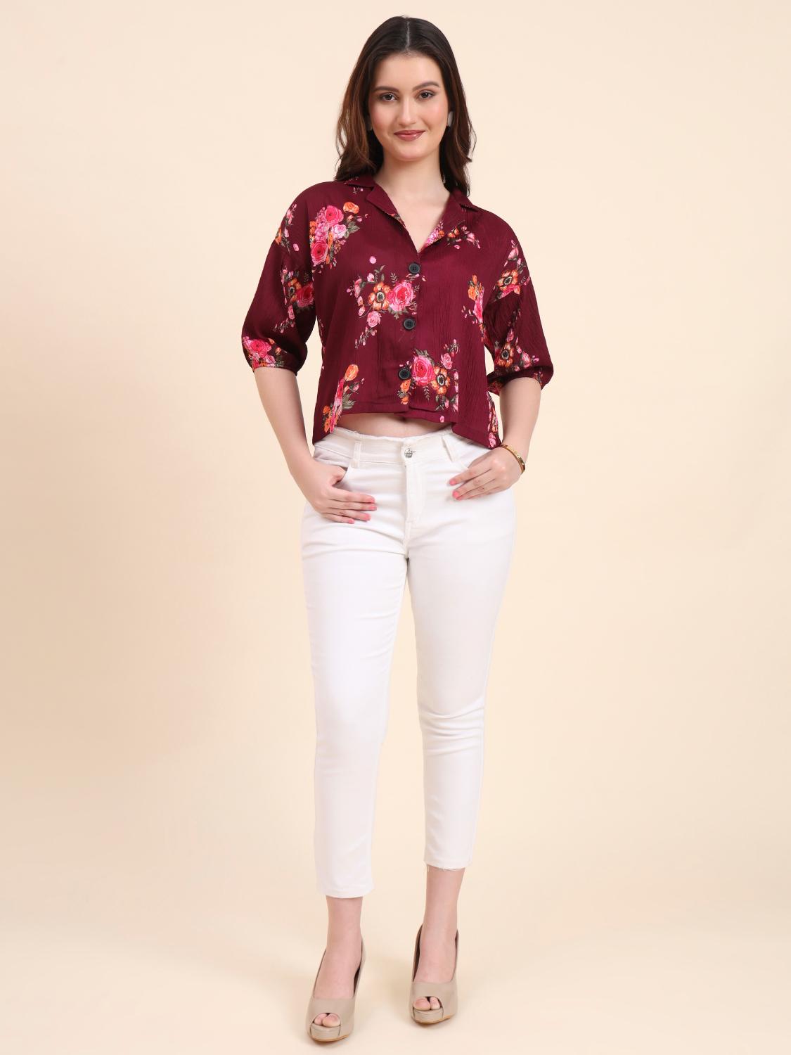 Wine Floral Delta Readymade Short Crocks Shirt